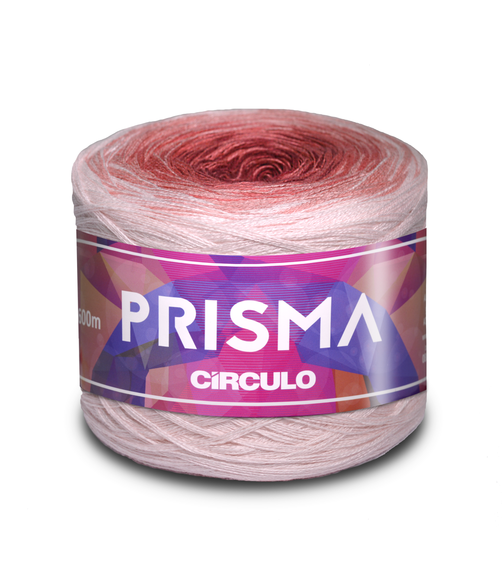 Rolo de fio degradé rosa e vermelho com etiqueta colorida