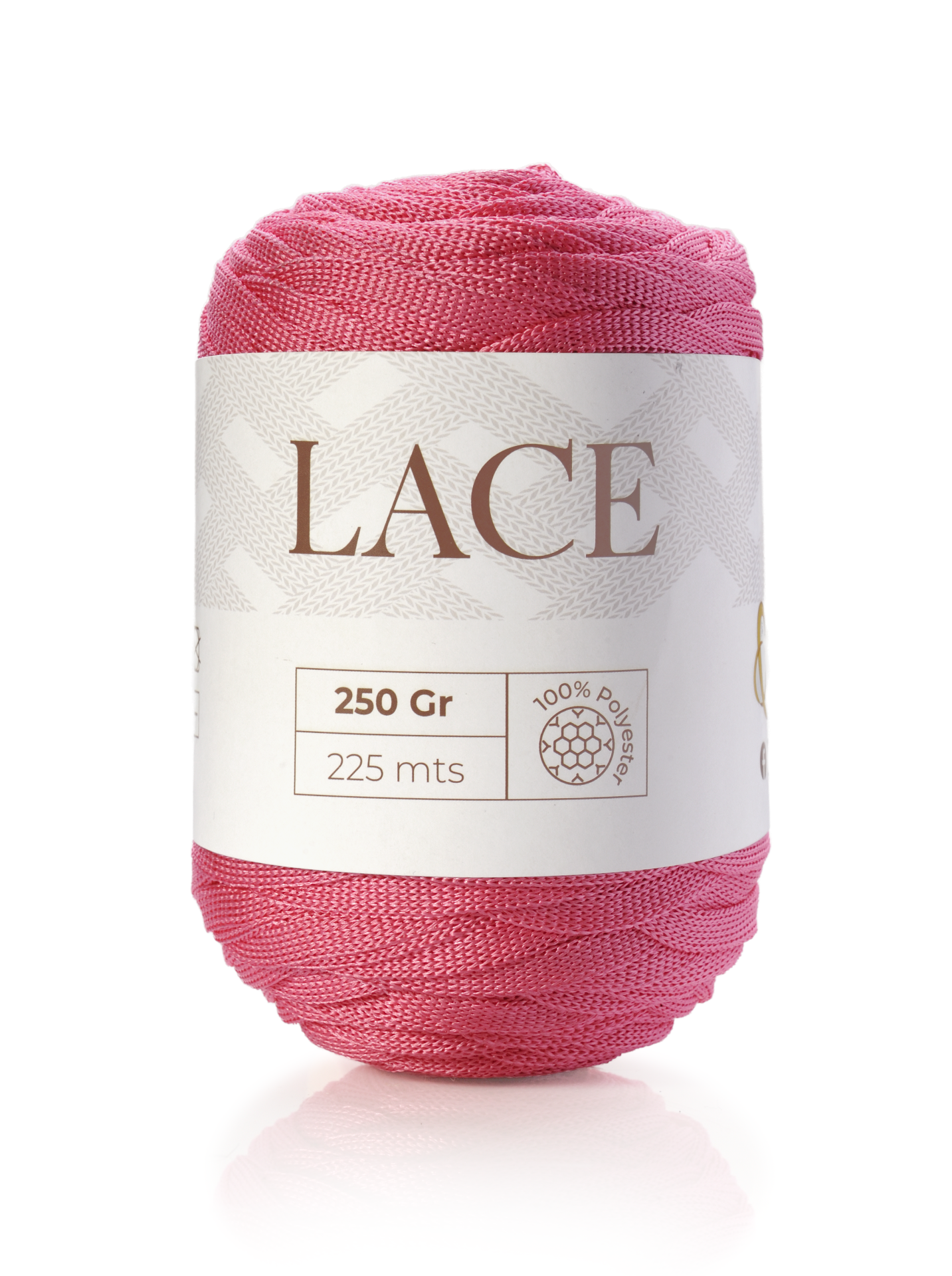 Novelo de linha cor-de-rosa com etiqueta Lace e informações de peso e comprimento
