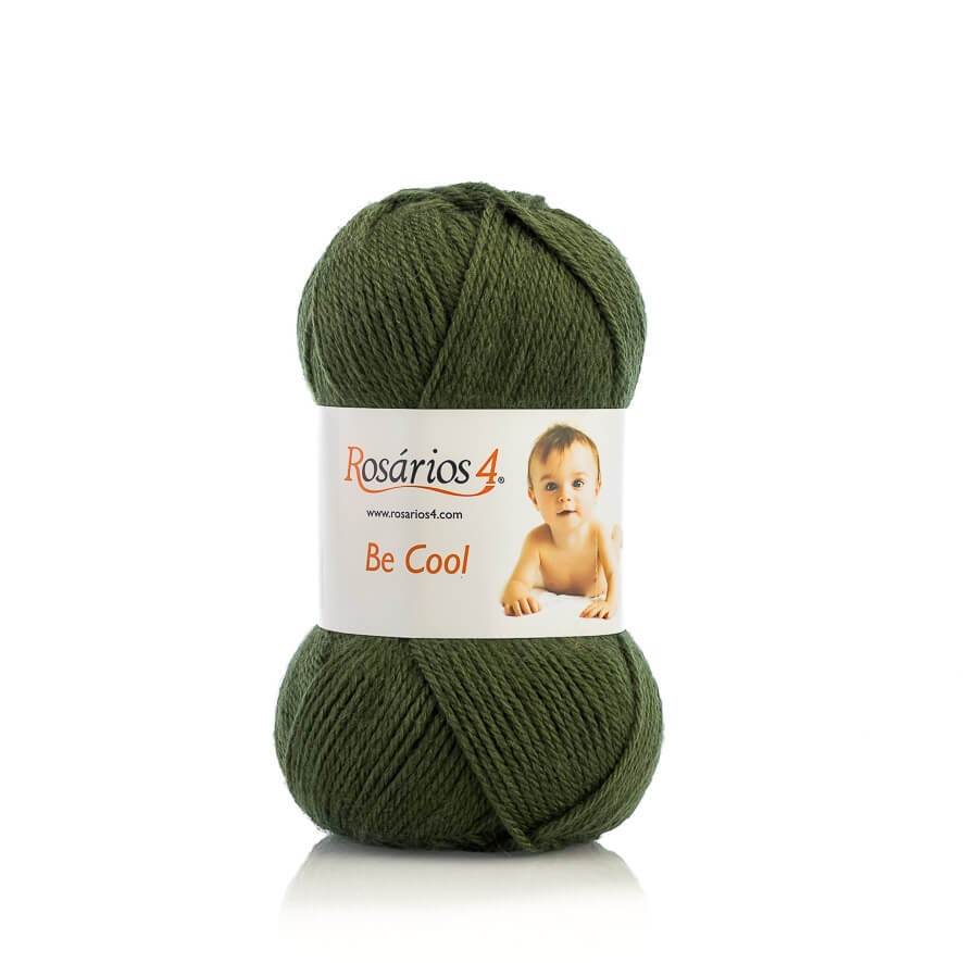 Novelo de lã verde escuro com etiqueta branca mostrando bebé e texto Rosários 4 Be Cool