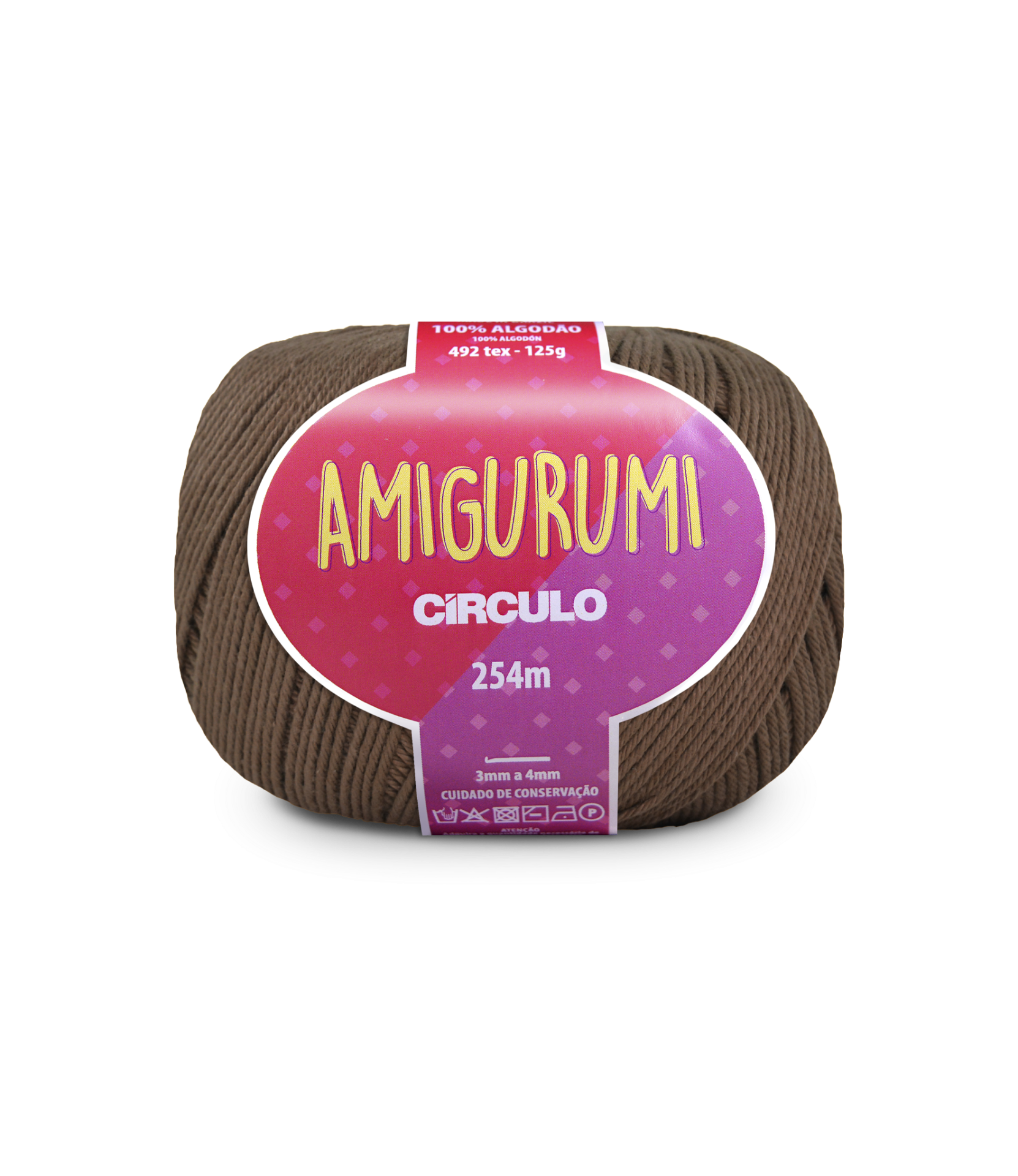 Novelo de fio marrom para amigurumi Círculo 254m etiqueta rosa