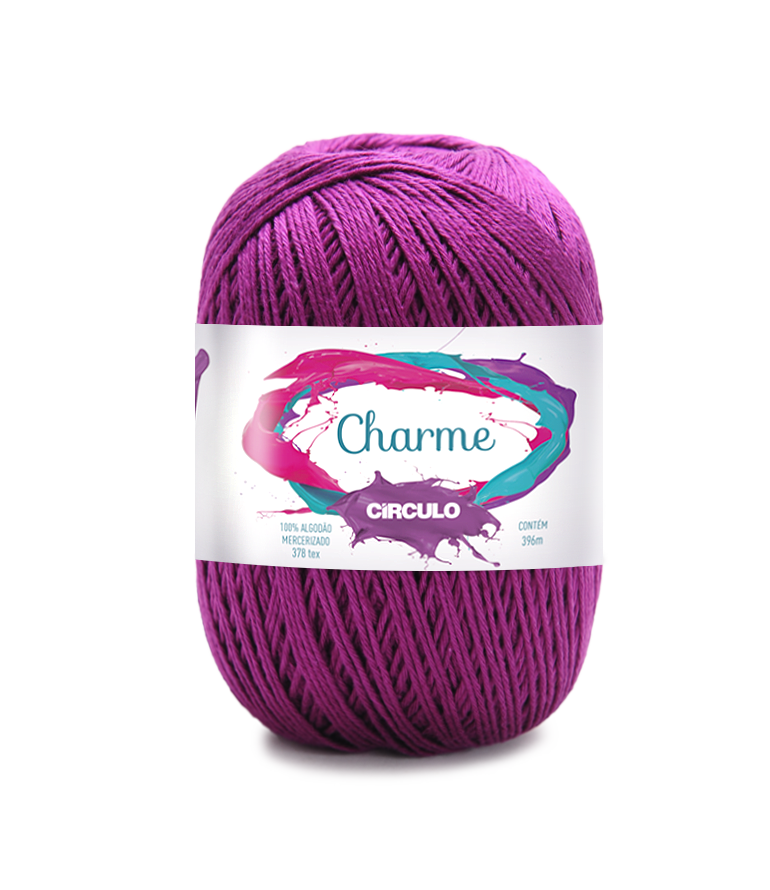 Novelo de fio de algodão roxo com etiqueta da marca Charme Circulo