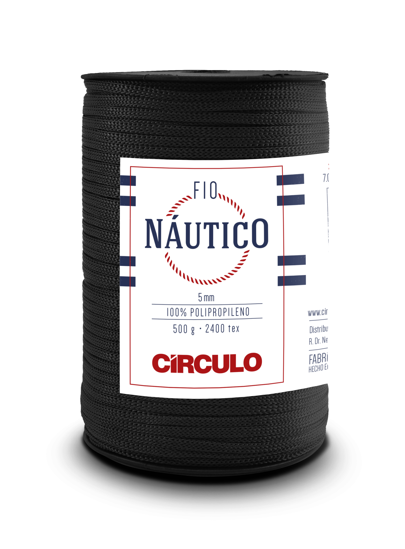 Carretel de fio náutico preto da Círculo com etiqueta branca e texto em vermelho e azul
