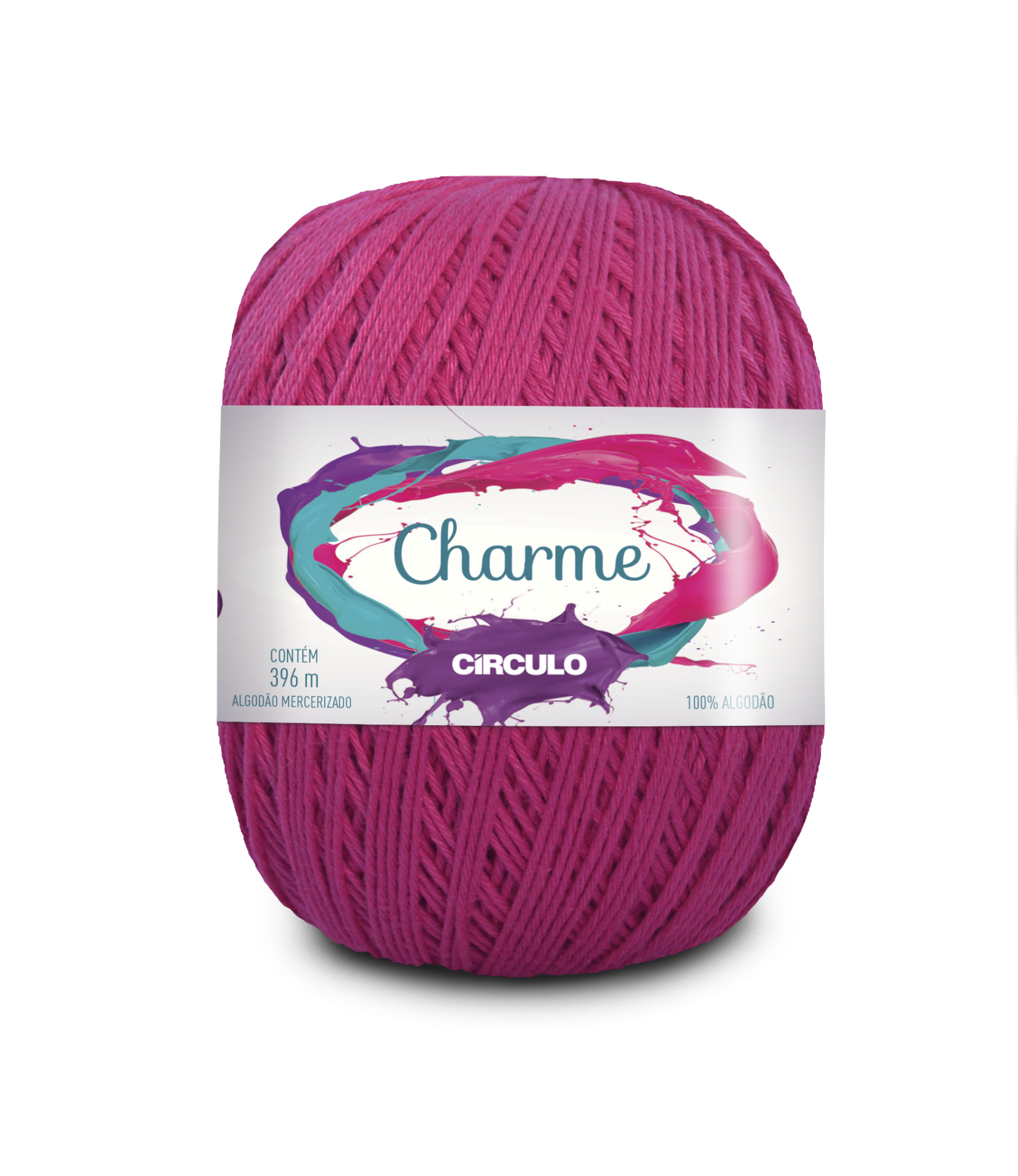 Novelo de linha de algodão mercerizado cor rosa forte com rótulo branco e texto Charme Círculo