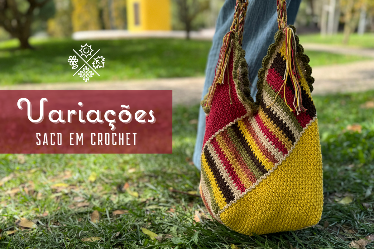 Saco em crochet colorido pendurado no ombro ao ar livre