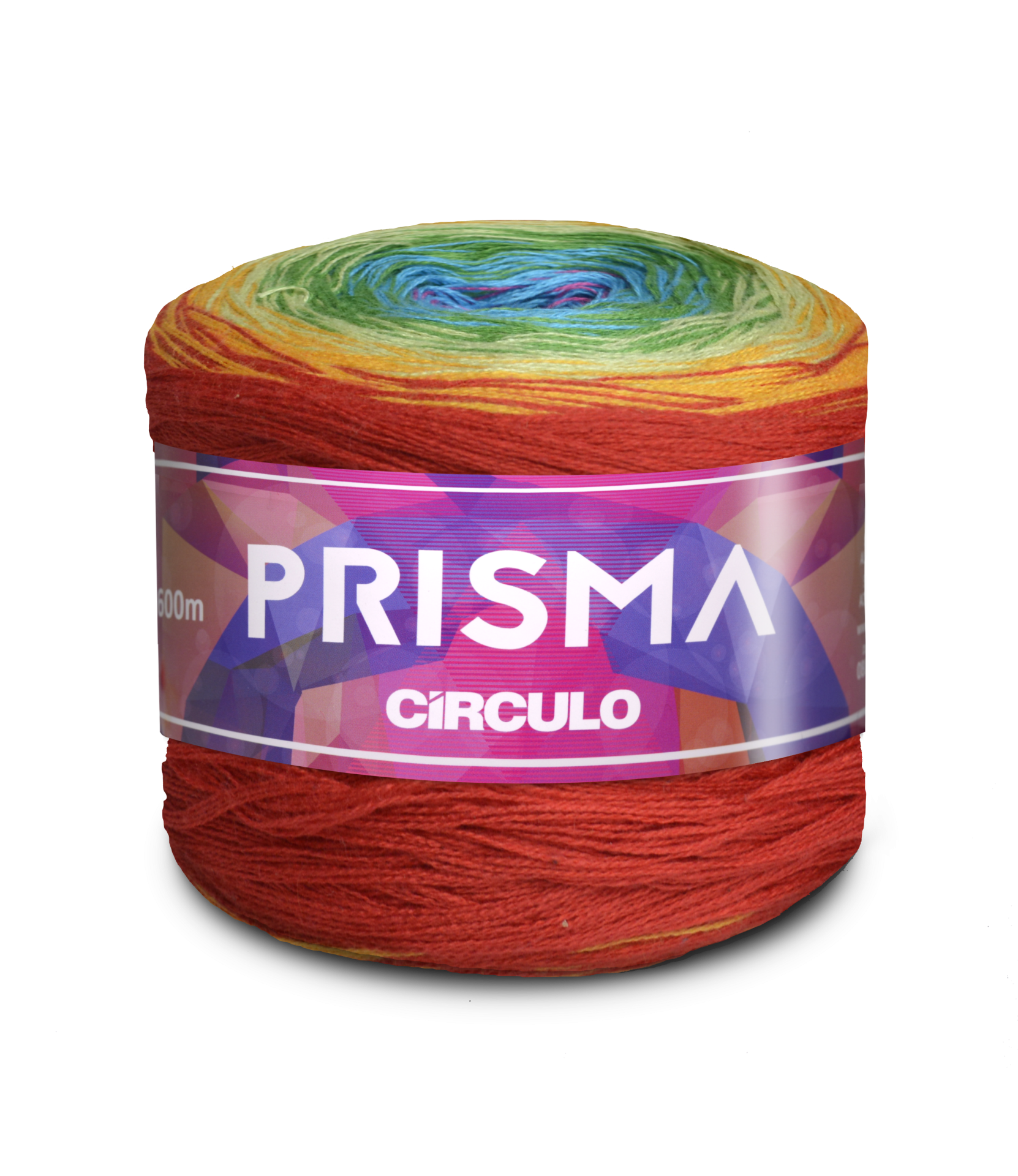 Novelo de fio multicolorido com rótulo PRISMA CÍRCULO