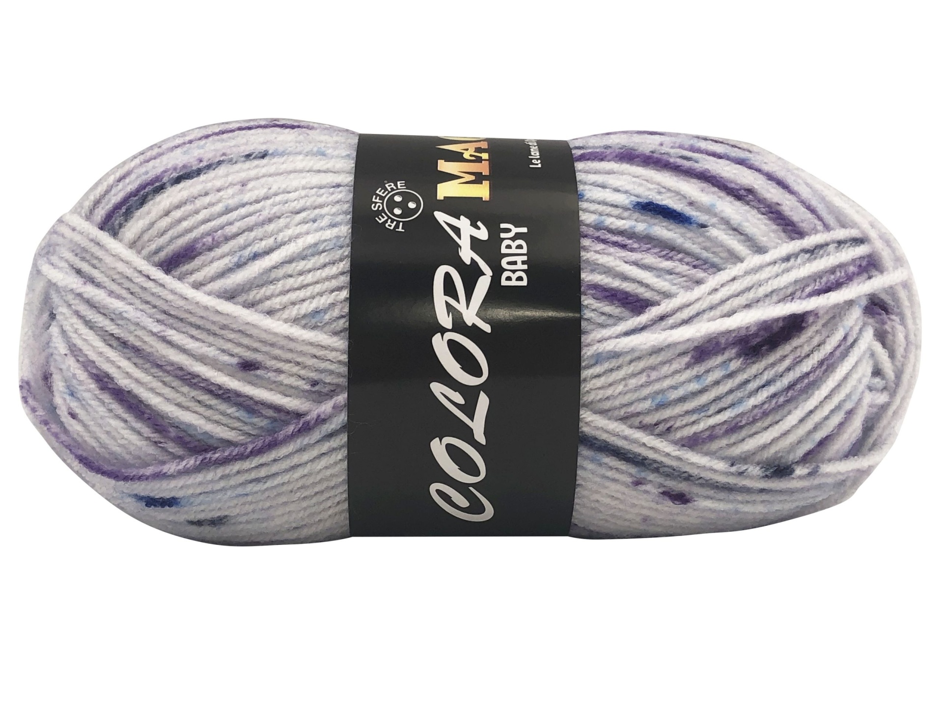 Novelo de lã colorida com etiqueta preta escrita 'COLOR4 MAD BABY'