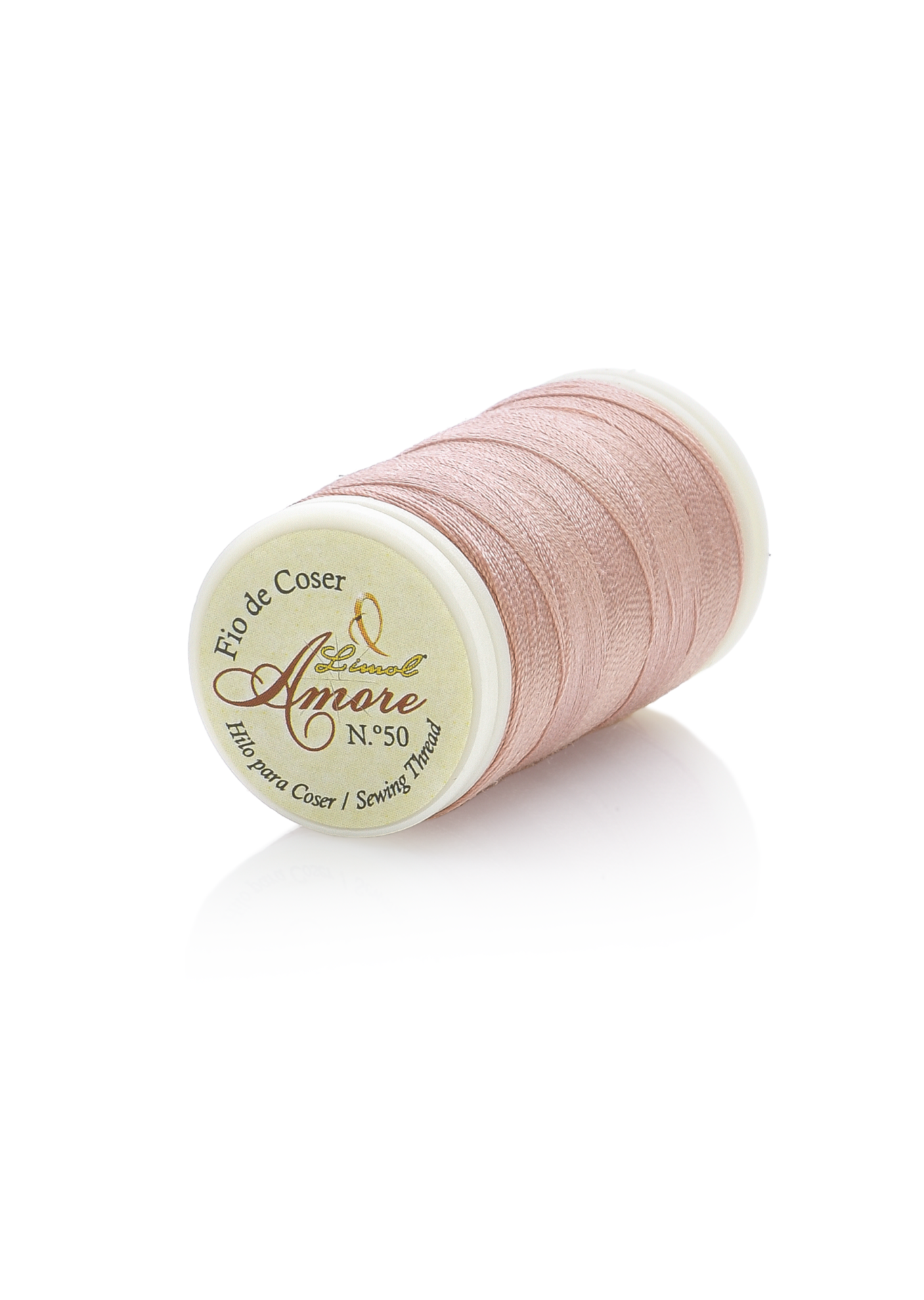 Rolo de fio de coser rosa claro com etiqueta Amore N°50