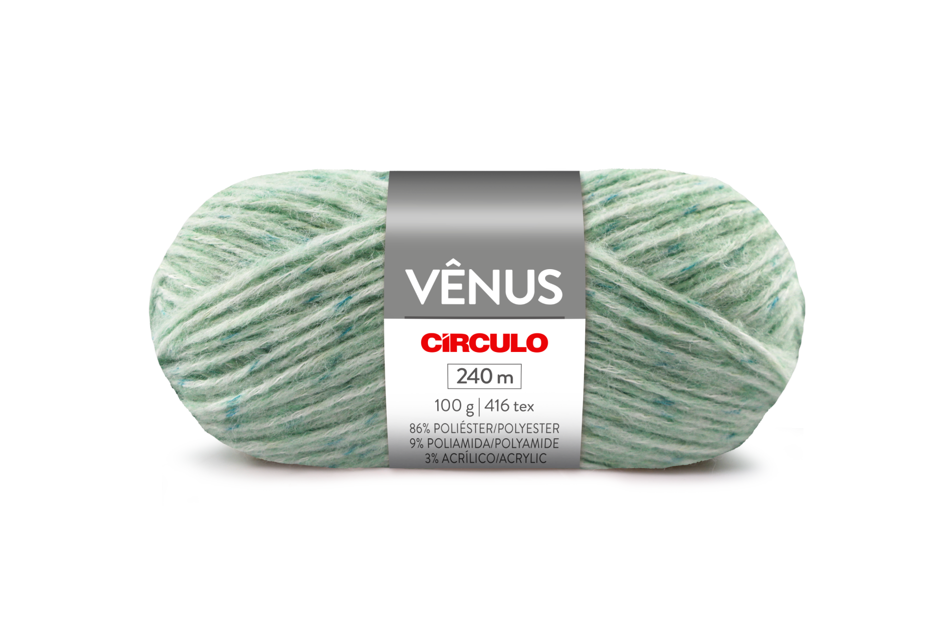 Novelo de lã verde claro com etiqueta com texto VÊNUS CÍRCULO 240 m 100 g 86% POLIÉSTER 9% POLIAMIDA 3% ACRÍLICO
