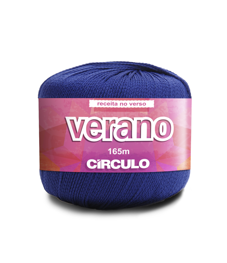 Novelo de fio azul escuro com etiqueta rosa VERANO