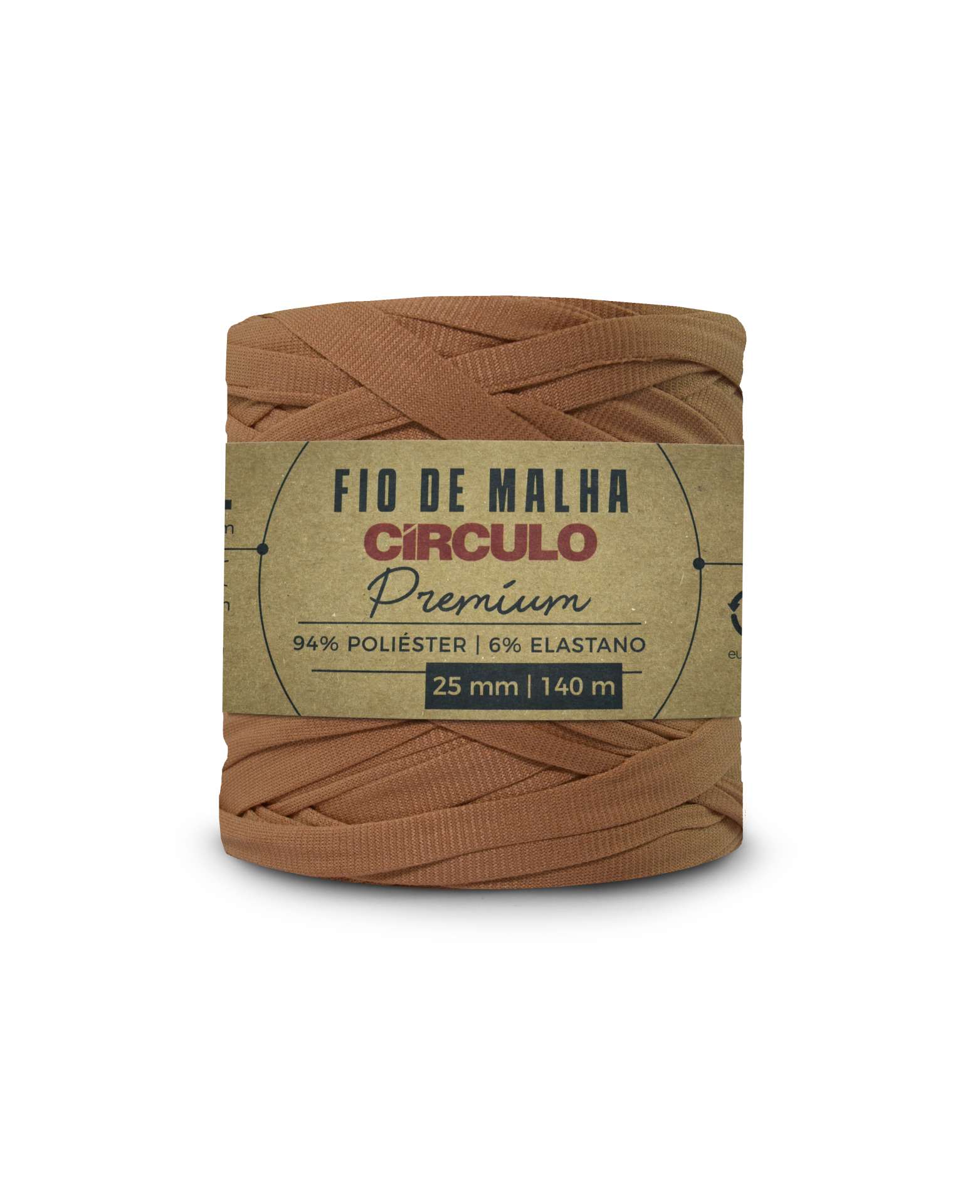 Fio de malha castanho Círculo Premium com rótulo informativo.
