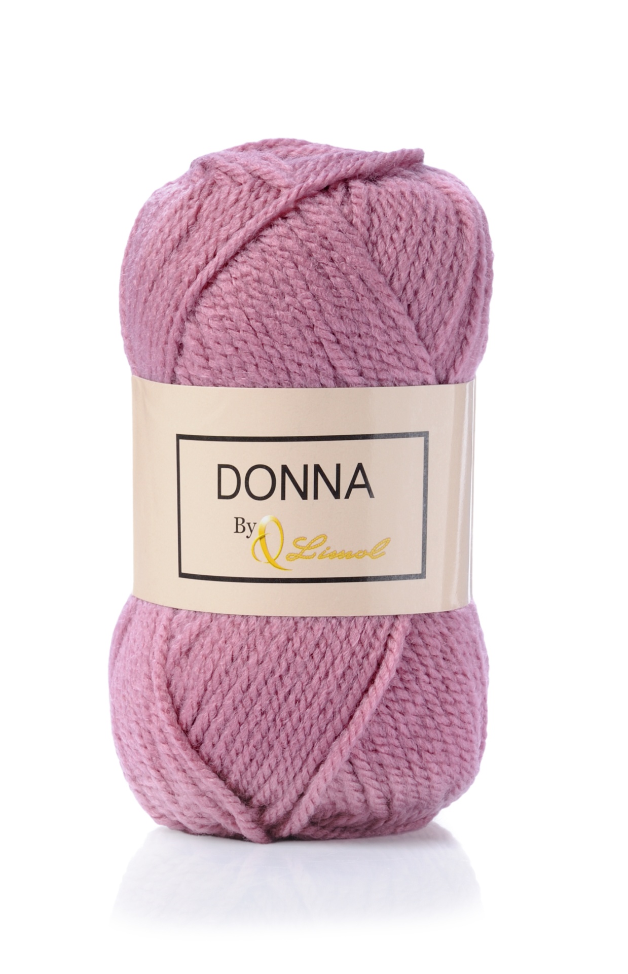 Novelo de lã rosa claro com etiqueta branca escrita DONNA By Lanabel