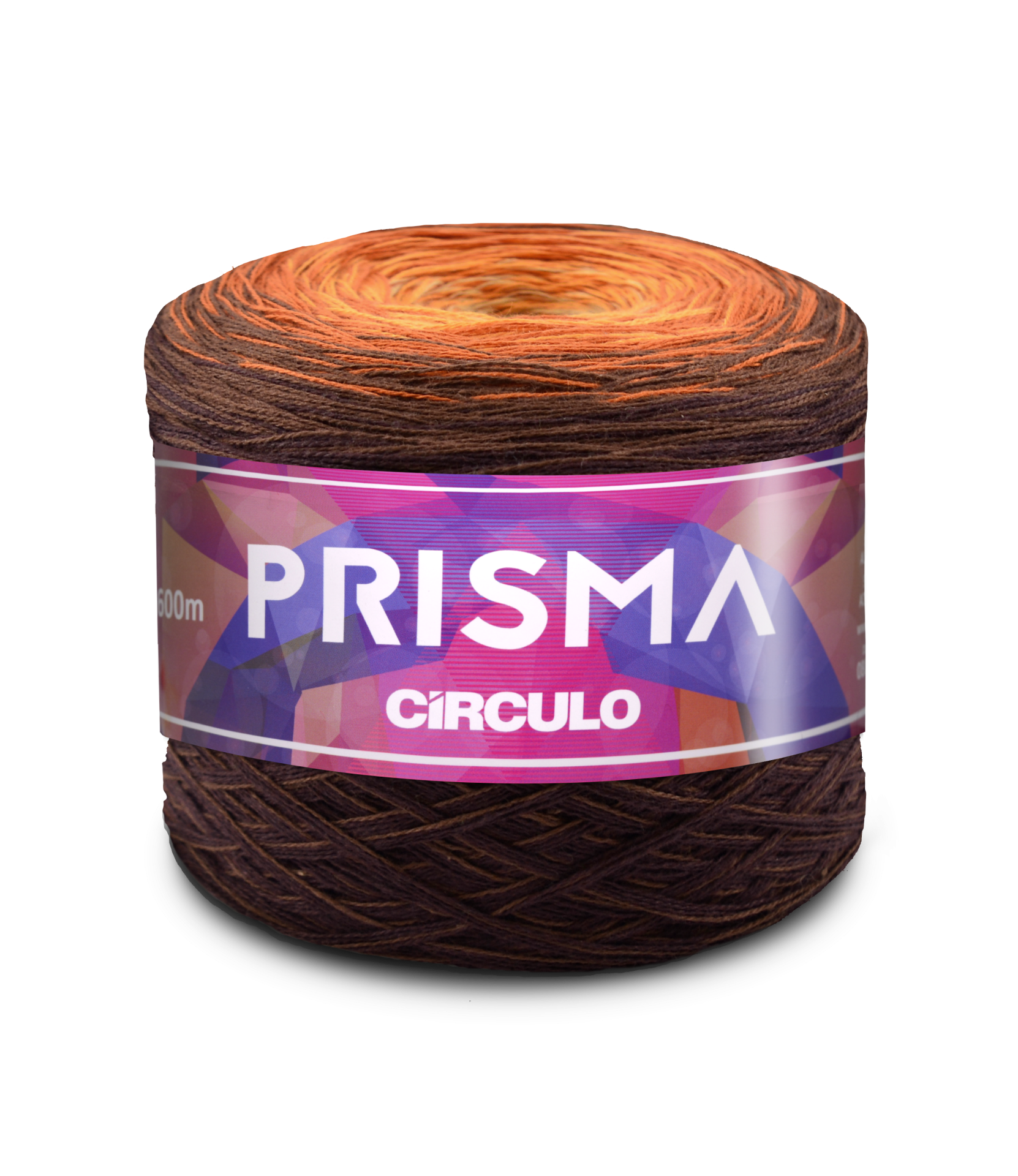 Cone de fio de malha castanho e laranja com rótulo colorido PRISMA CÍRCULO