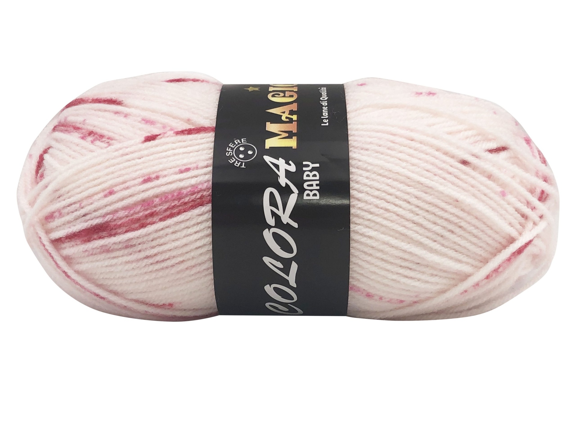 Ovillo de lã branco com riscas vermelhas e embalagem preta com texto