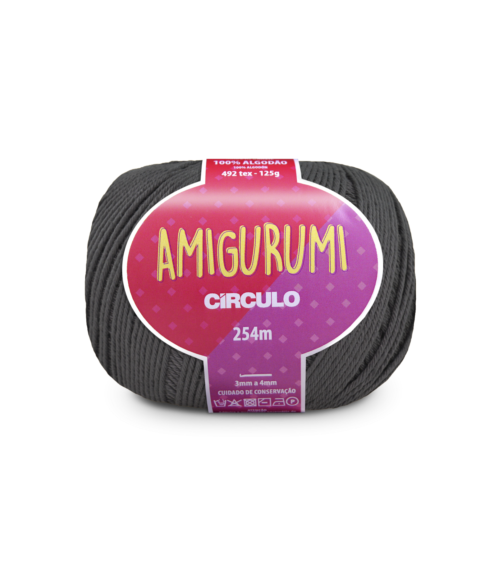 Novelo de fio cinzento escuro com etiqueta AMIGURUMI CÍRCULO