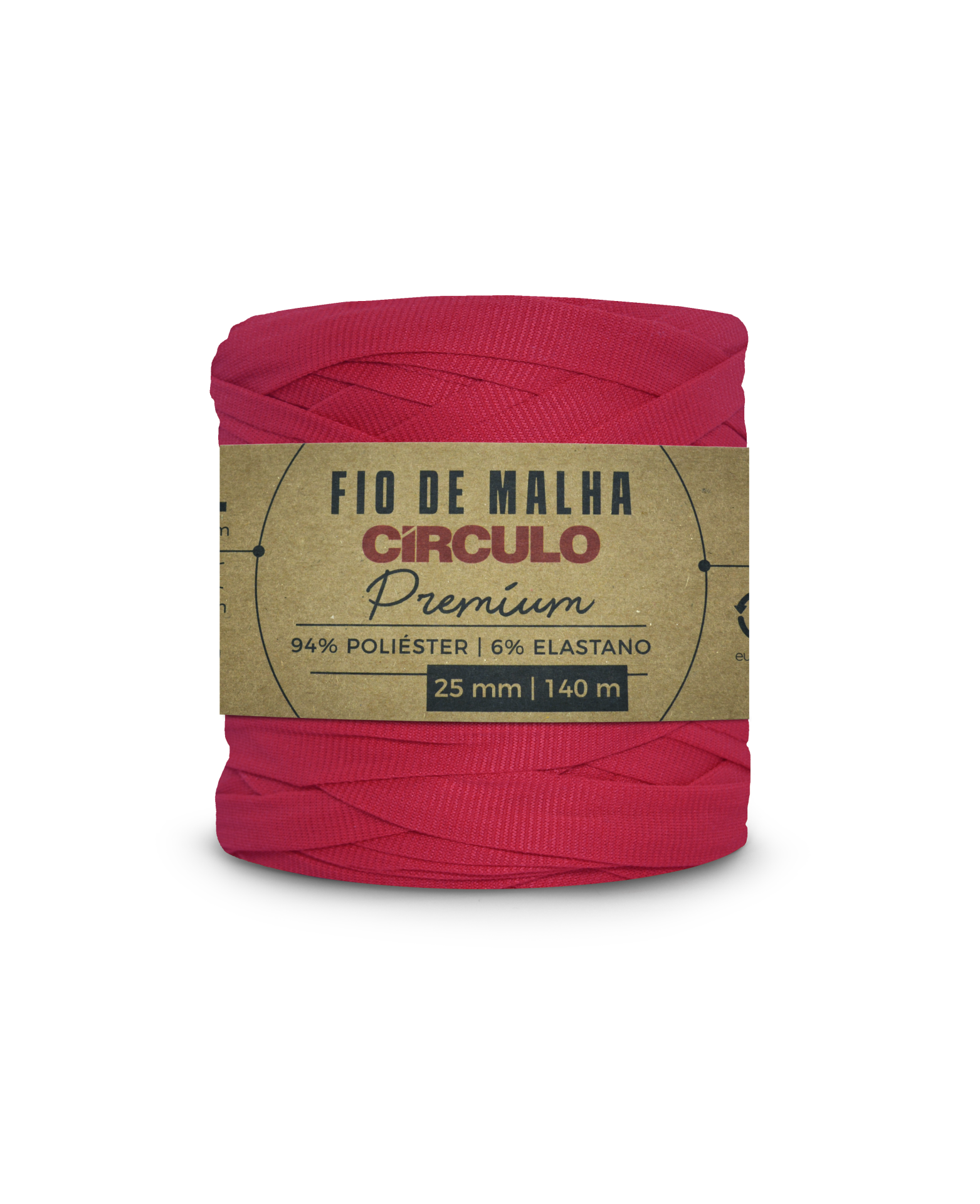 Rolo de fio de malha vermelho Círculo Premium com embalagem de papel castanha.