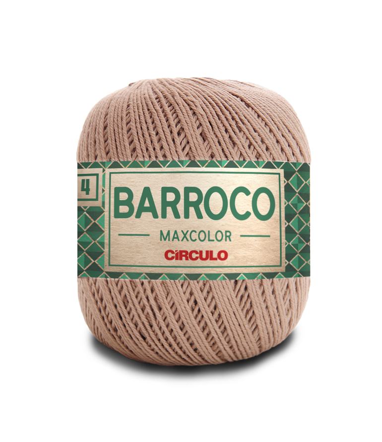 Novelo de fio de algodão bege com etiqueta verde e dourada 'BARROCO MAXCOLOR CÍRCULO'.