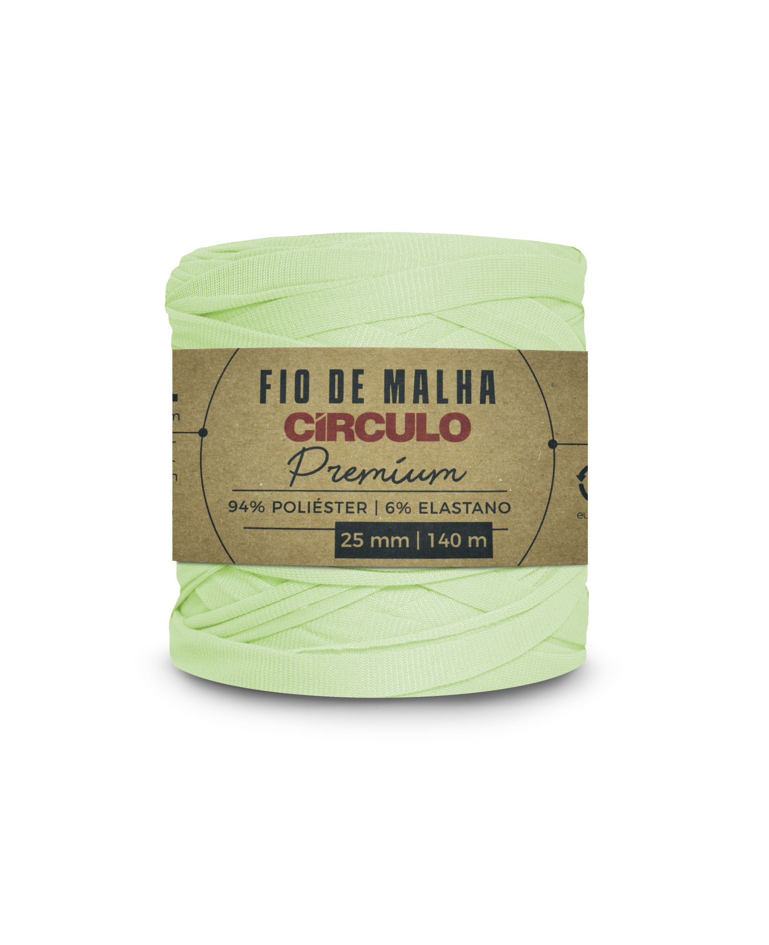 Rolo de fio de malha verde claro com etiqueta identificativa.