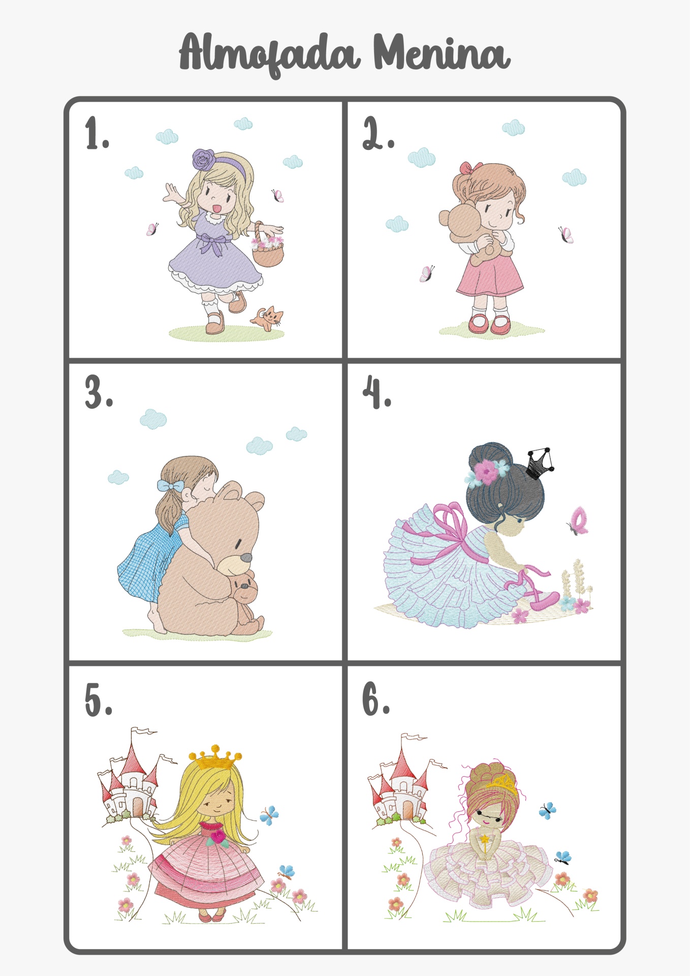 Seis desenhos de almofadas de meninas com diferentes roupas e acessórios numerados de 1 a 6