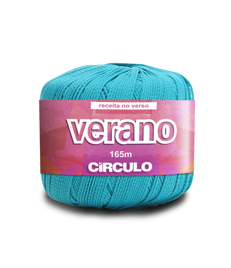 Novelo de fio azul turquesa com etiqueta rosa Círculo Verano