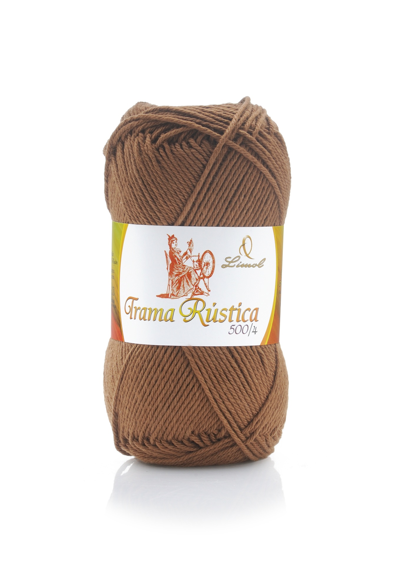 Novelo de lã castanho Grama Rústica 500/4 com etiqueta branca e ilustração