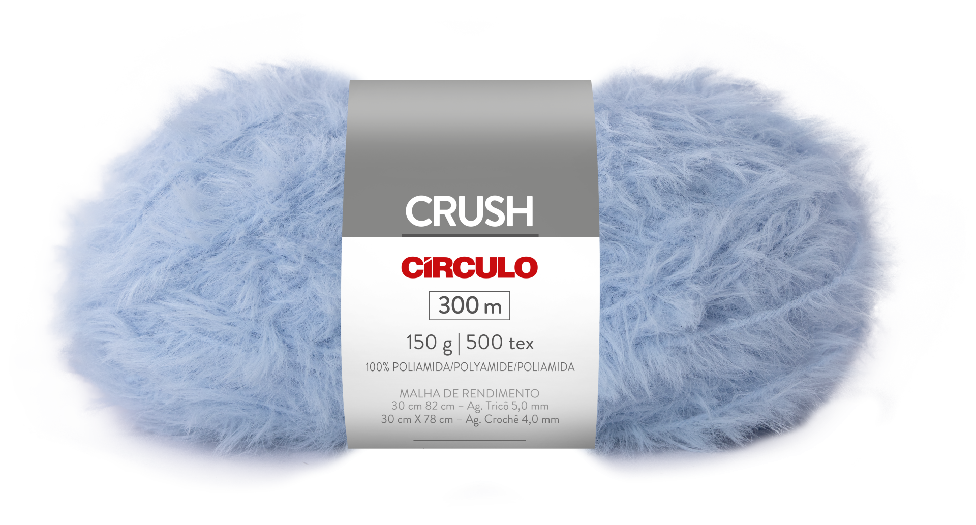 Novelo de fio pelúcia azul claro com rótulo cinza e branco