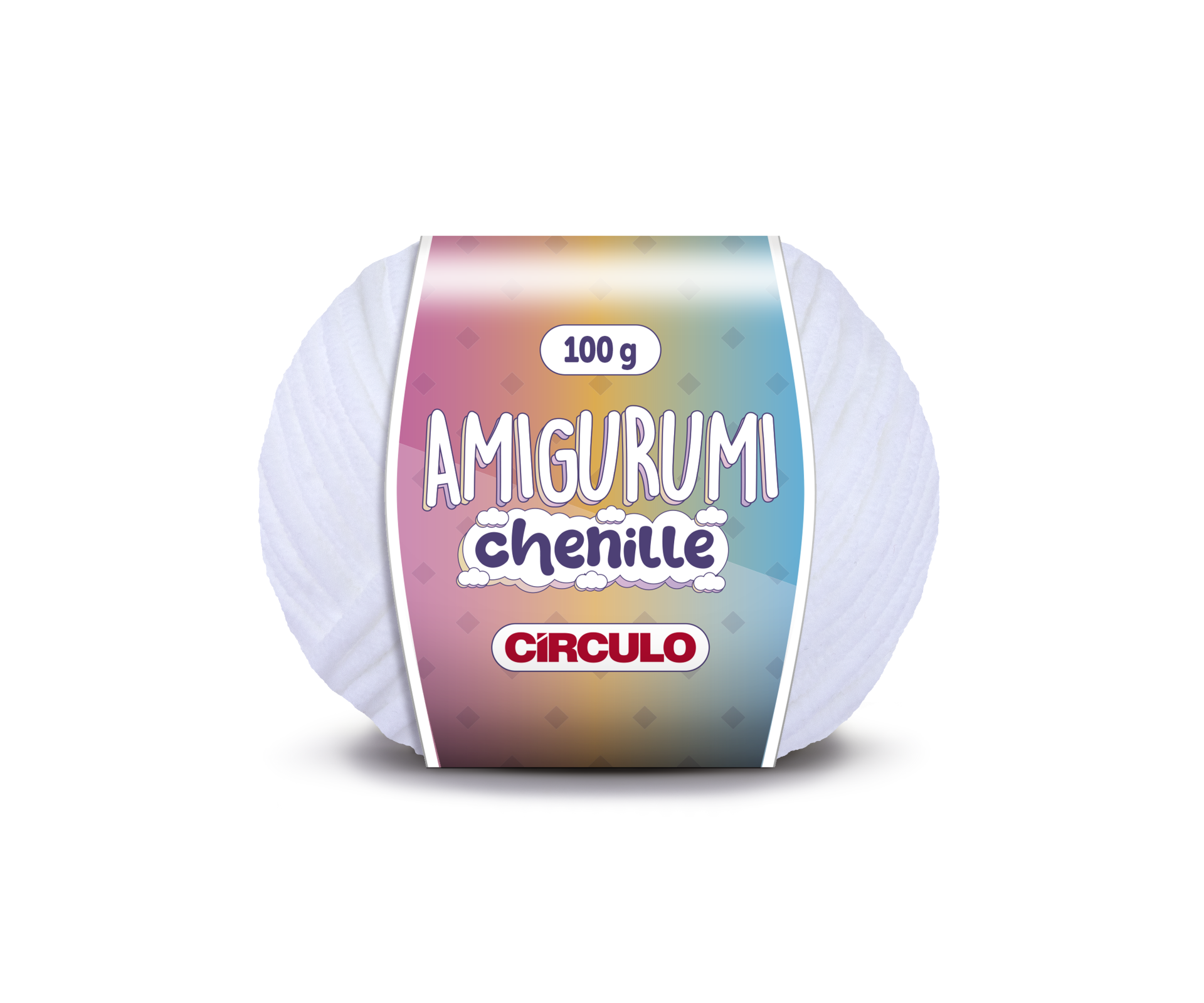 Novelo de fio chenille branco para amigurumi com etiqueta colorida