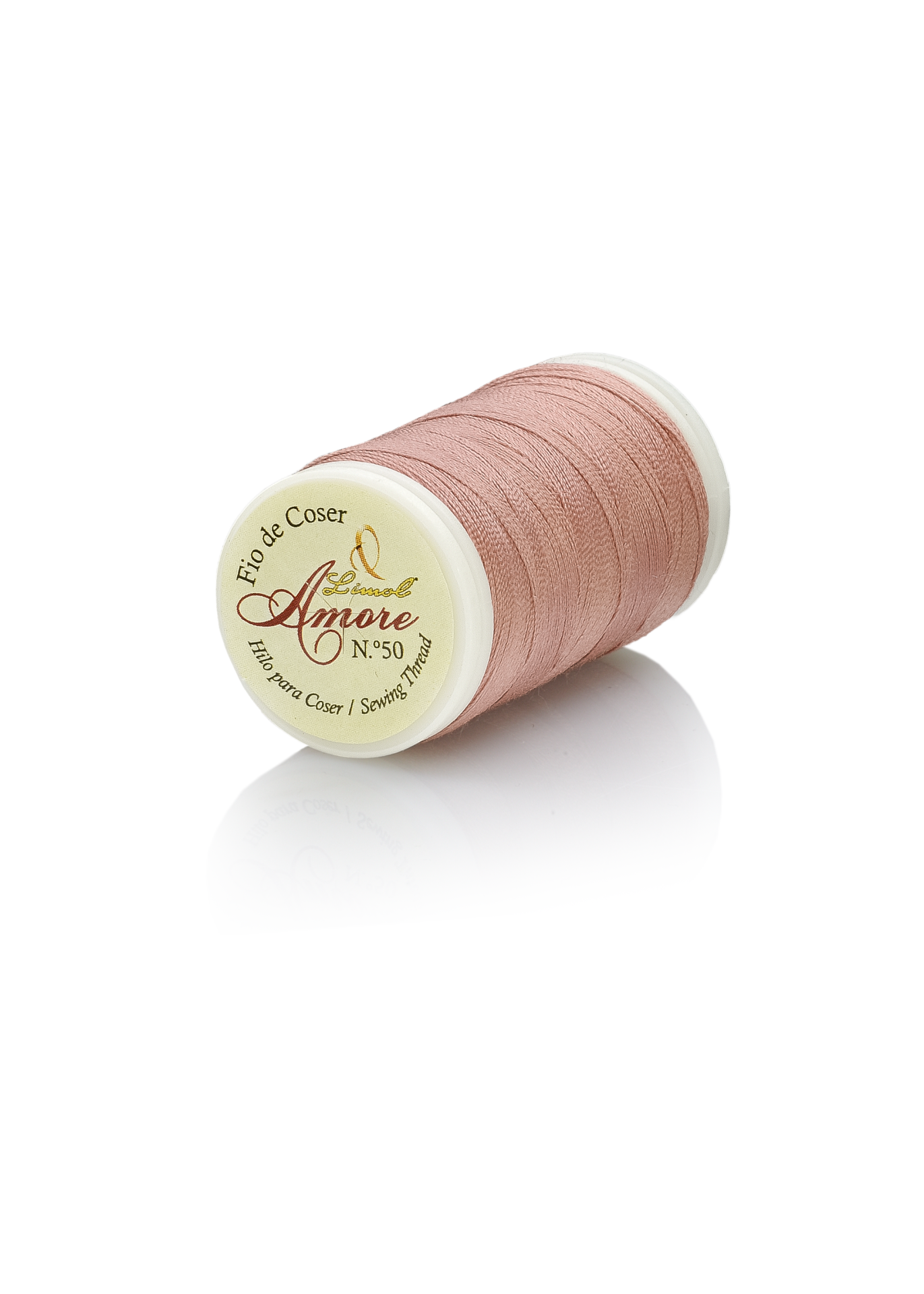 Rolo de linha de coser rosa com etiqueta branca e texto amarelo e preto