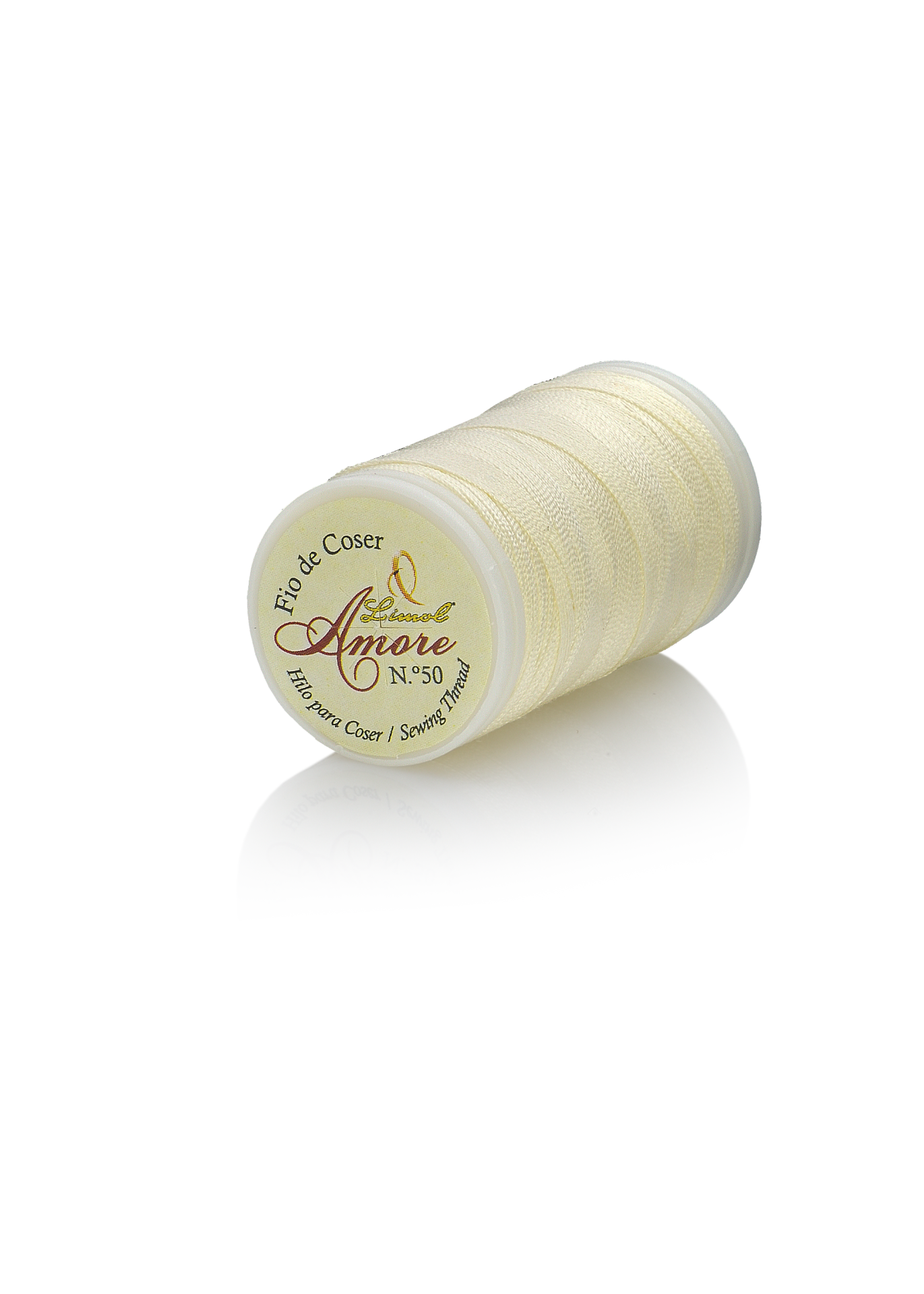Rolo de fio de coser creme claro com rótulo