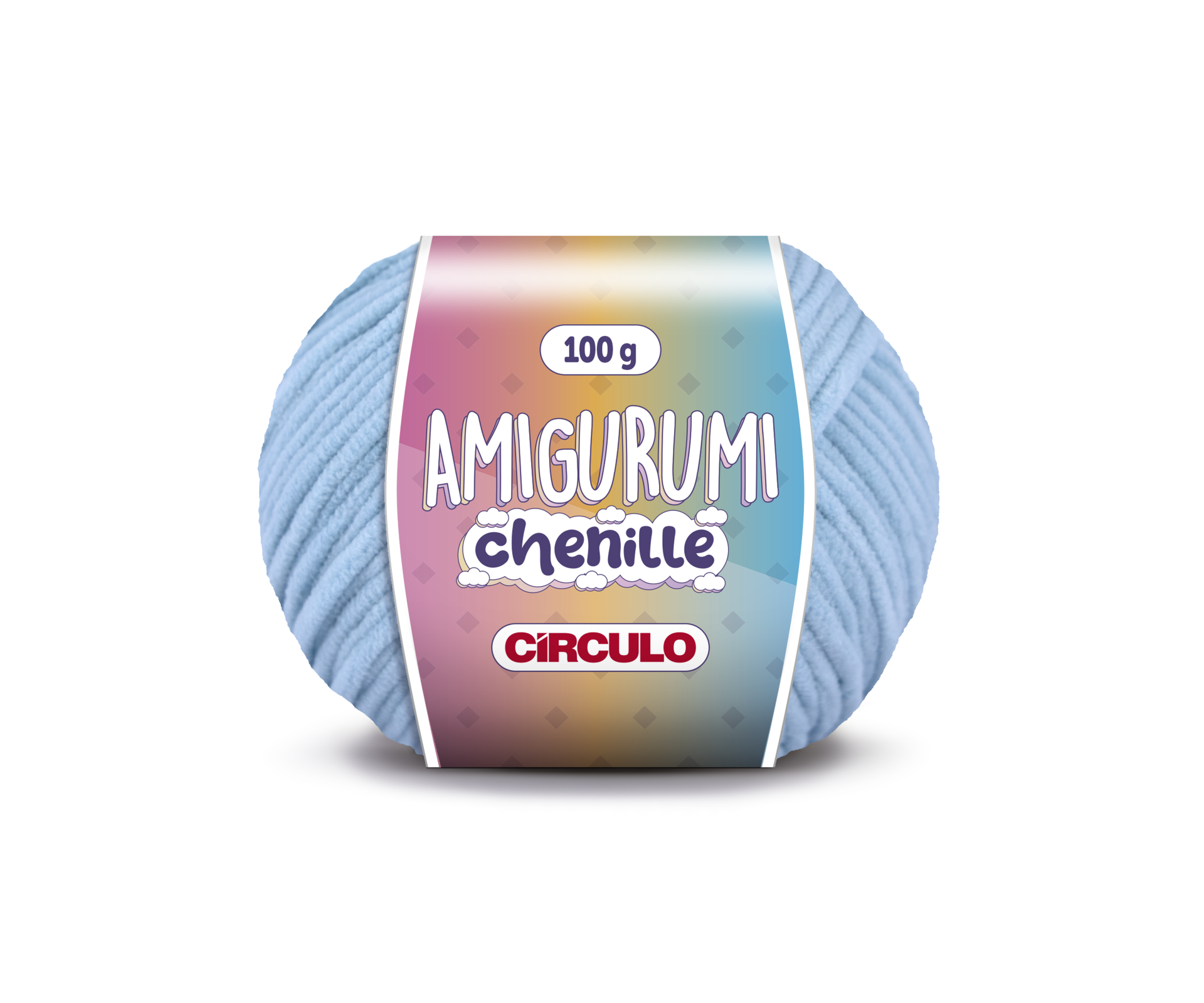 Novelo de lã azul claro com etiqueta colorida Amigurumi chenille.