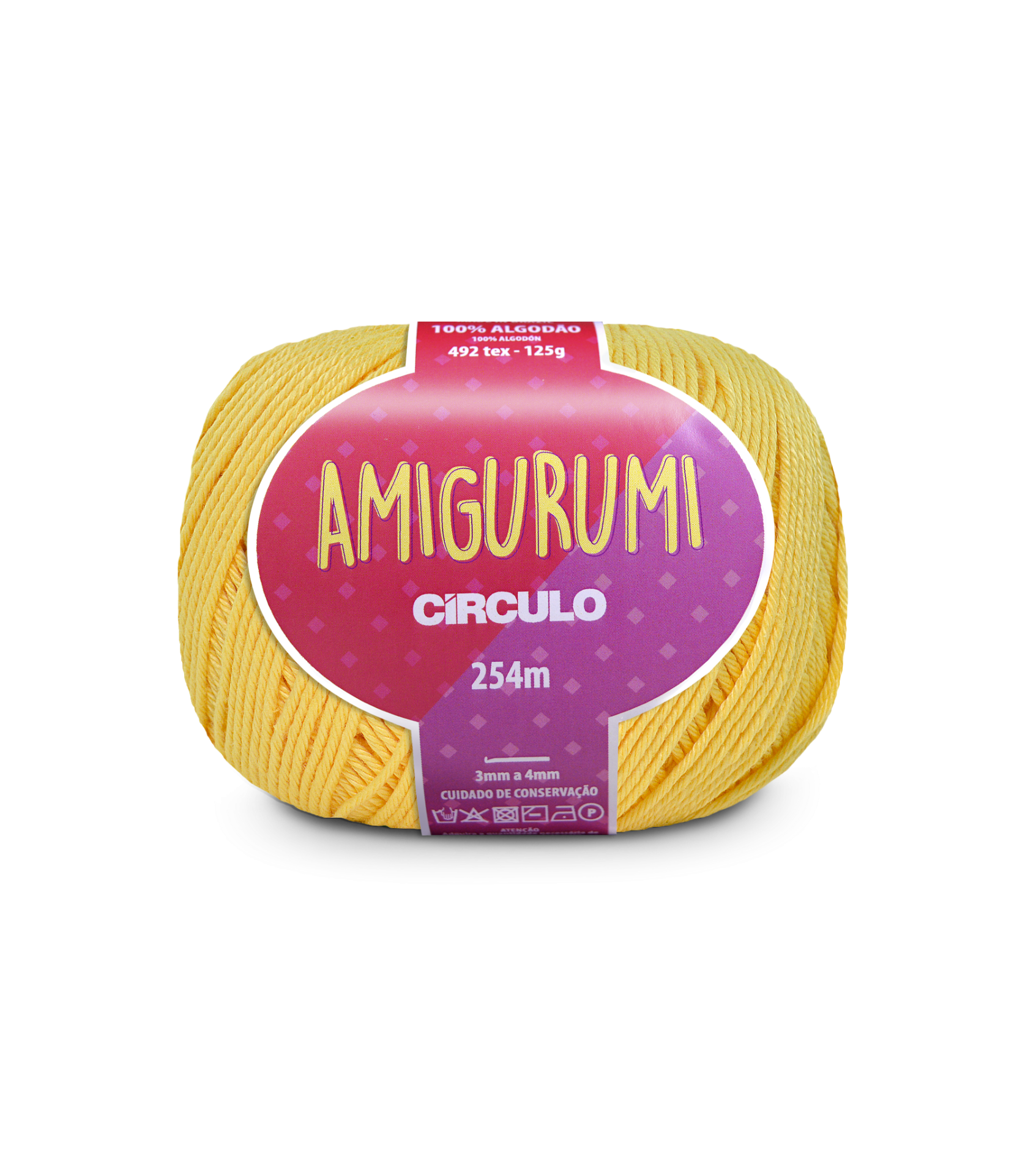 Novelo de fio amarelo Amigurumi Círculo com etiqueta roxa e rosa