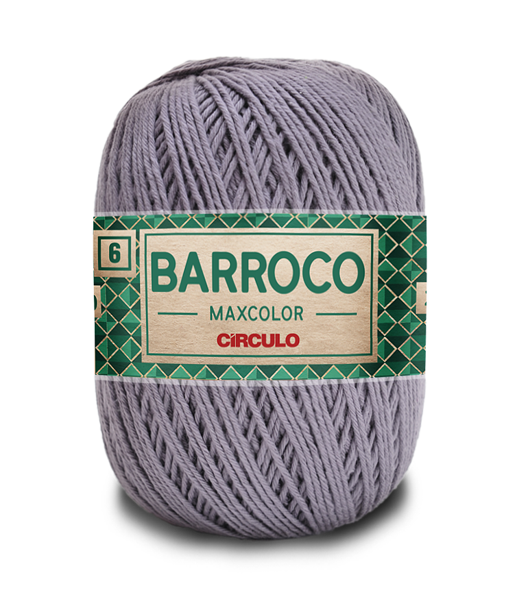 Novelo de fio de algodão cinza claro com etiqueta verde 'BARROCO MAXCOLOR CIRCULO'
