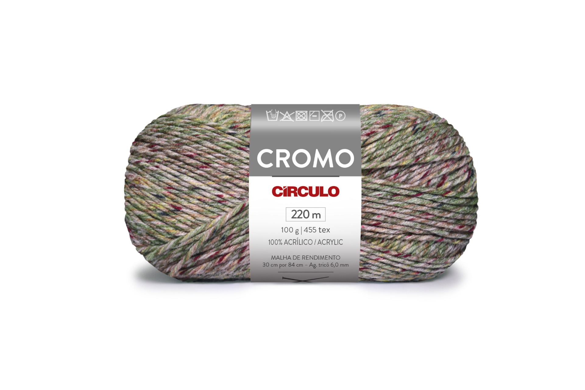 Novelo de fio colorido CROMO Círculo com etiqueta informativa