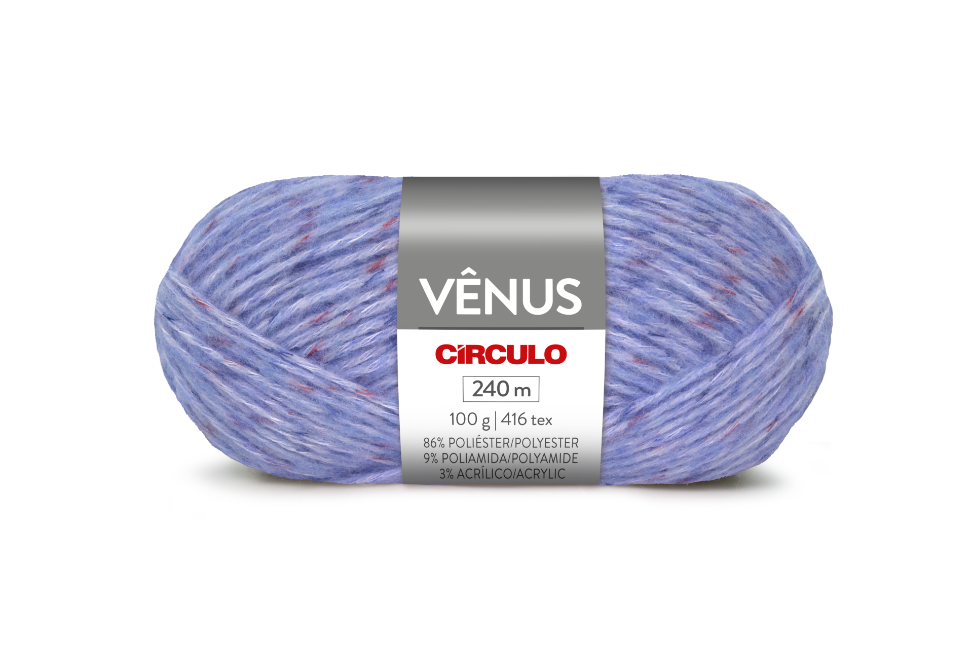 Novelo de lã azul e lilás com etiqueta VÊNUS CÍRCULO 240 m