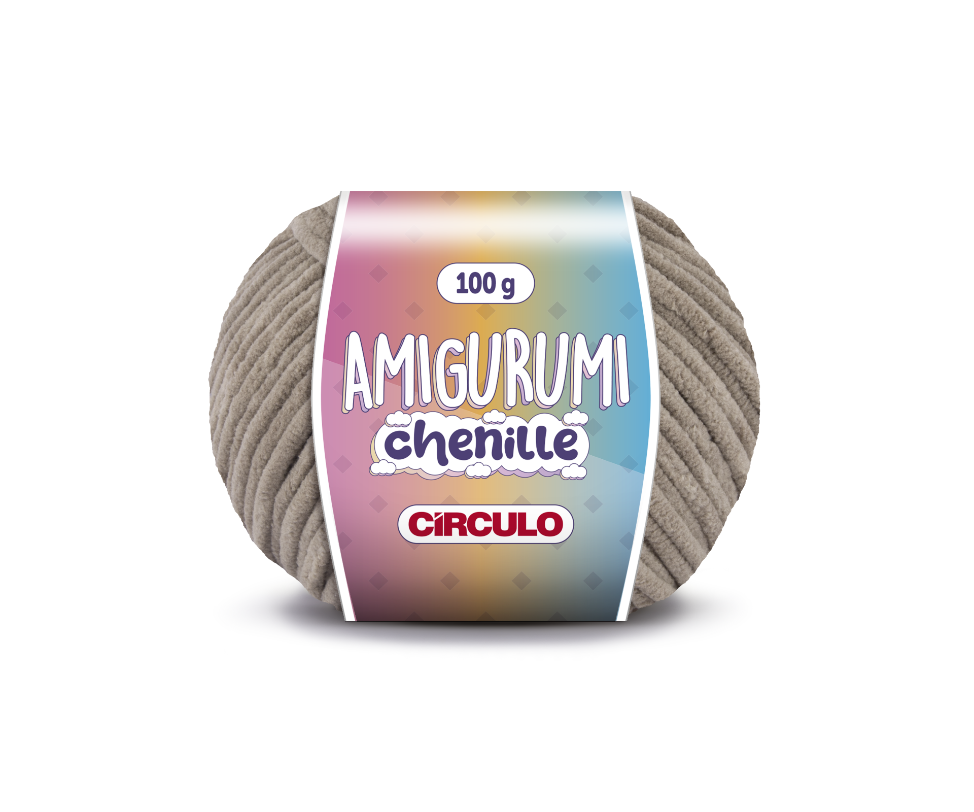 Novelo de lã cinzento claro chenille com etiqueta colorida e texto