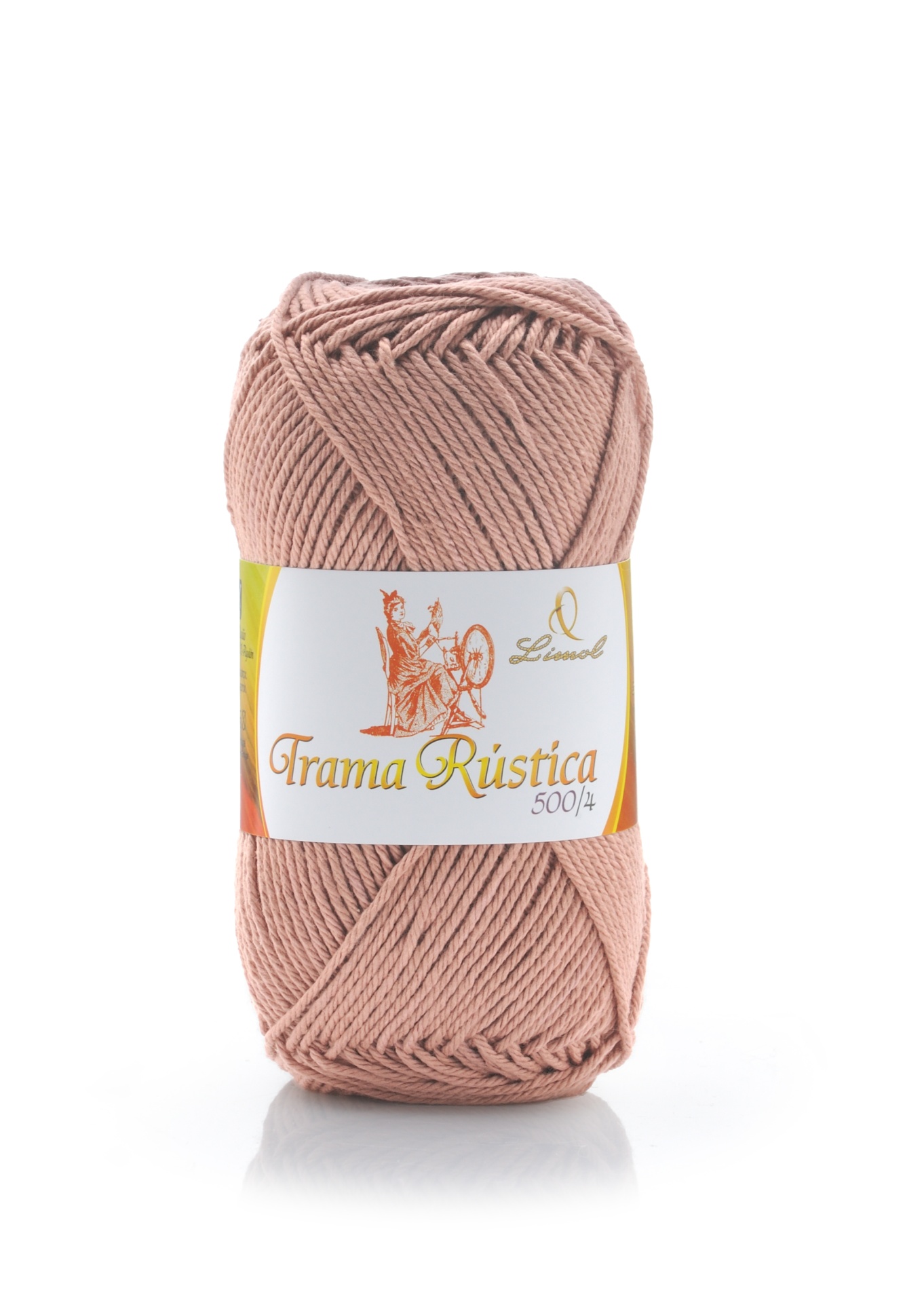 Novelo de lã rosa claro com rótulo Trama Rústica 500/4