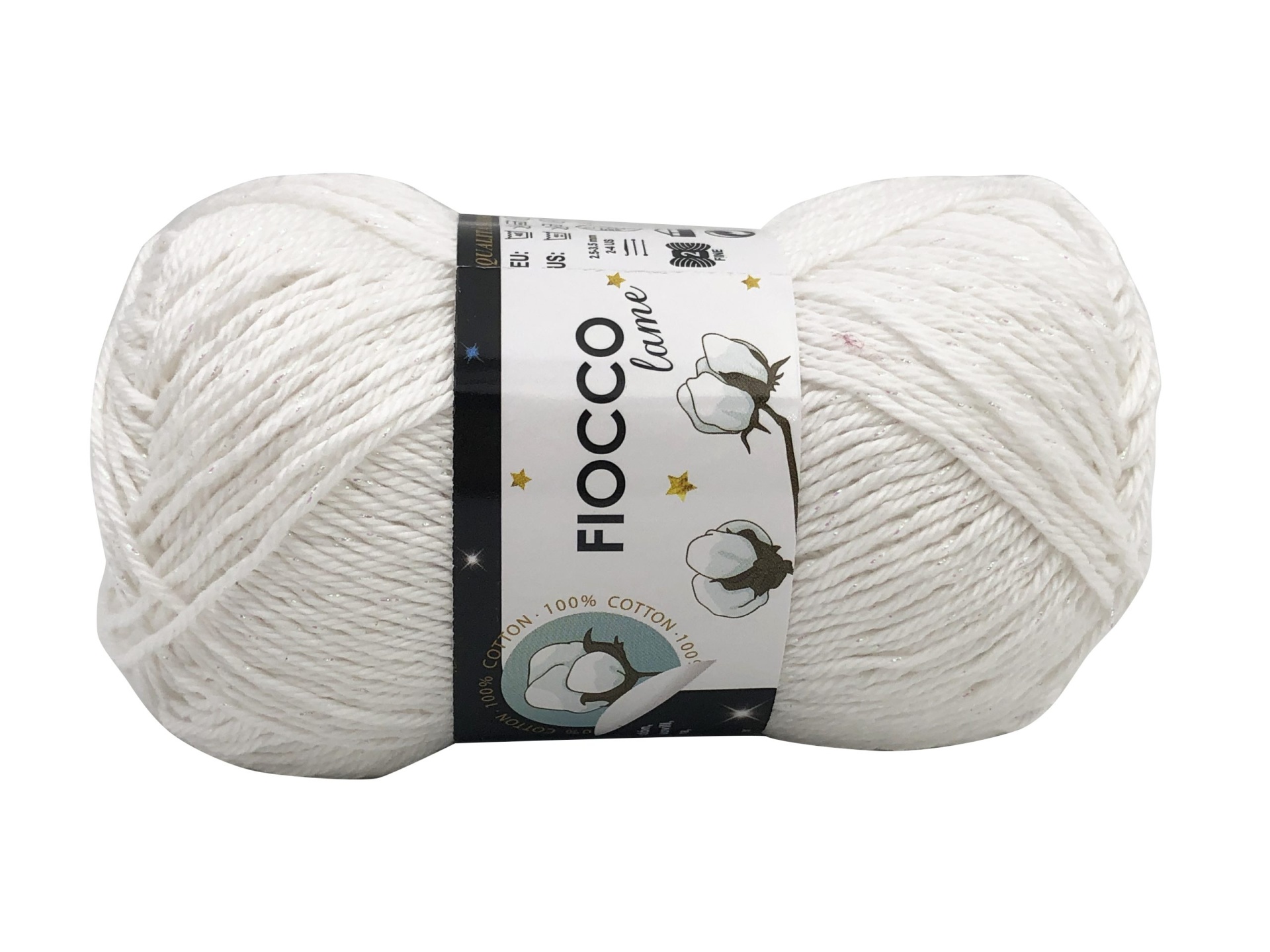 Novelo de lã branca Fiocco Lana com etiqueta e imagens de algodão
