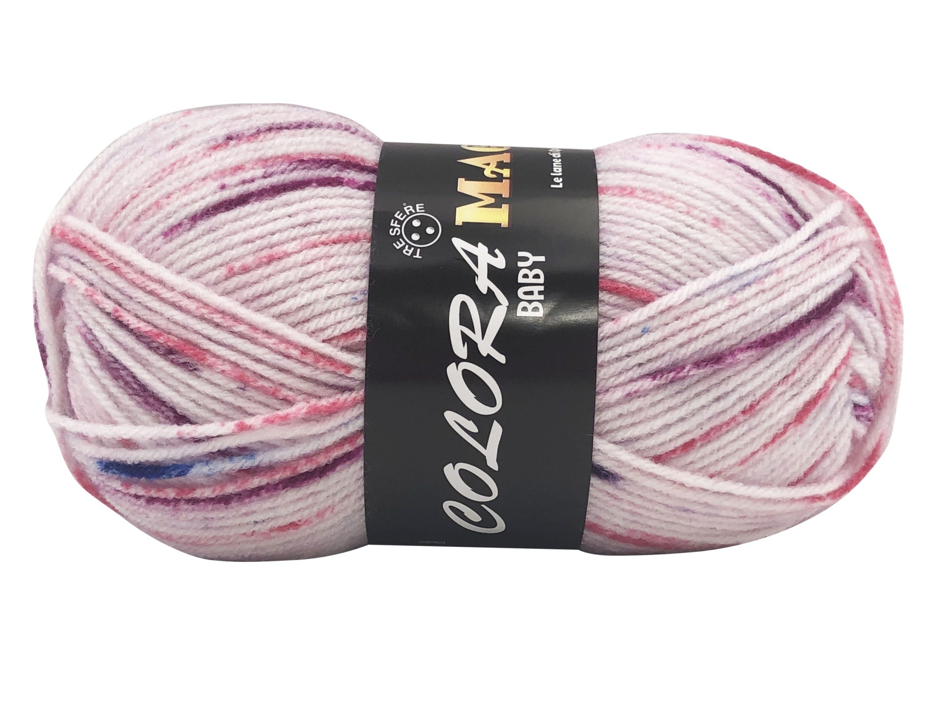 Novelo de lã multicolor rosa, branco, lilás e azul com etiqueta preta Colorama Baby