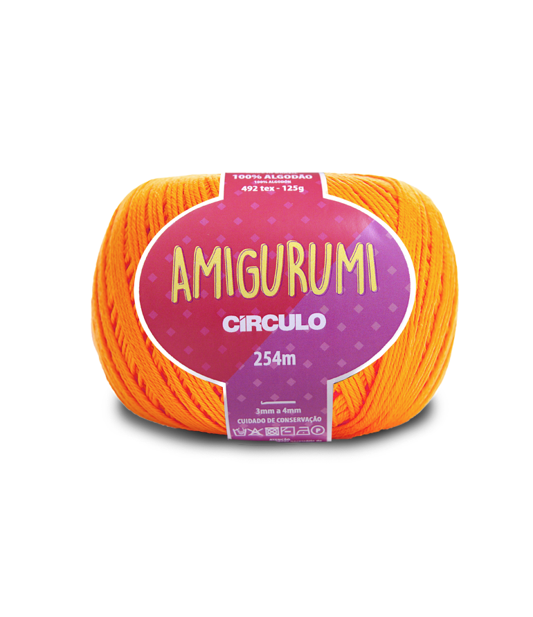 Novelo de fio de algodão laranja Amigurumi da marca Circulo com etiqueta roxa
