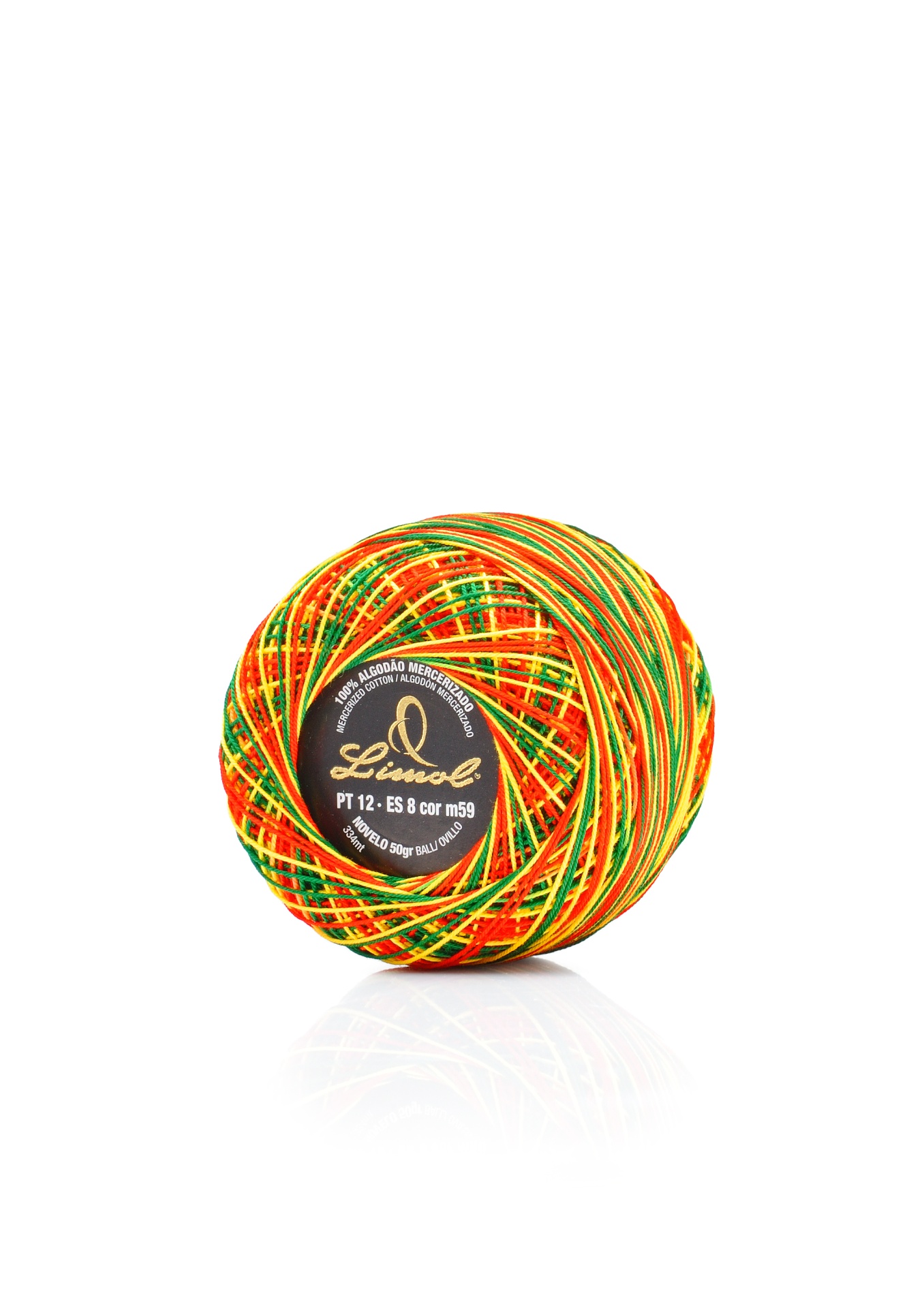 Bobine de linha multicolorida com etiqueta preta central