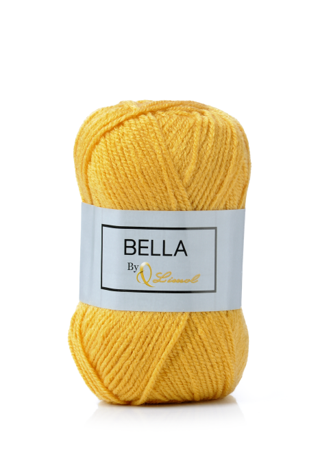 Novelo de lã amarelo com etiqueta branca e texto