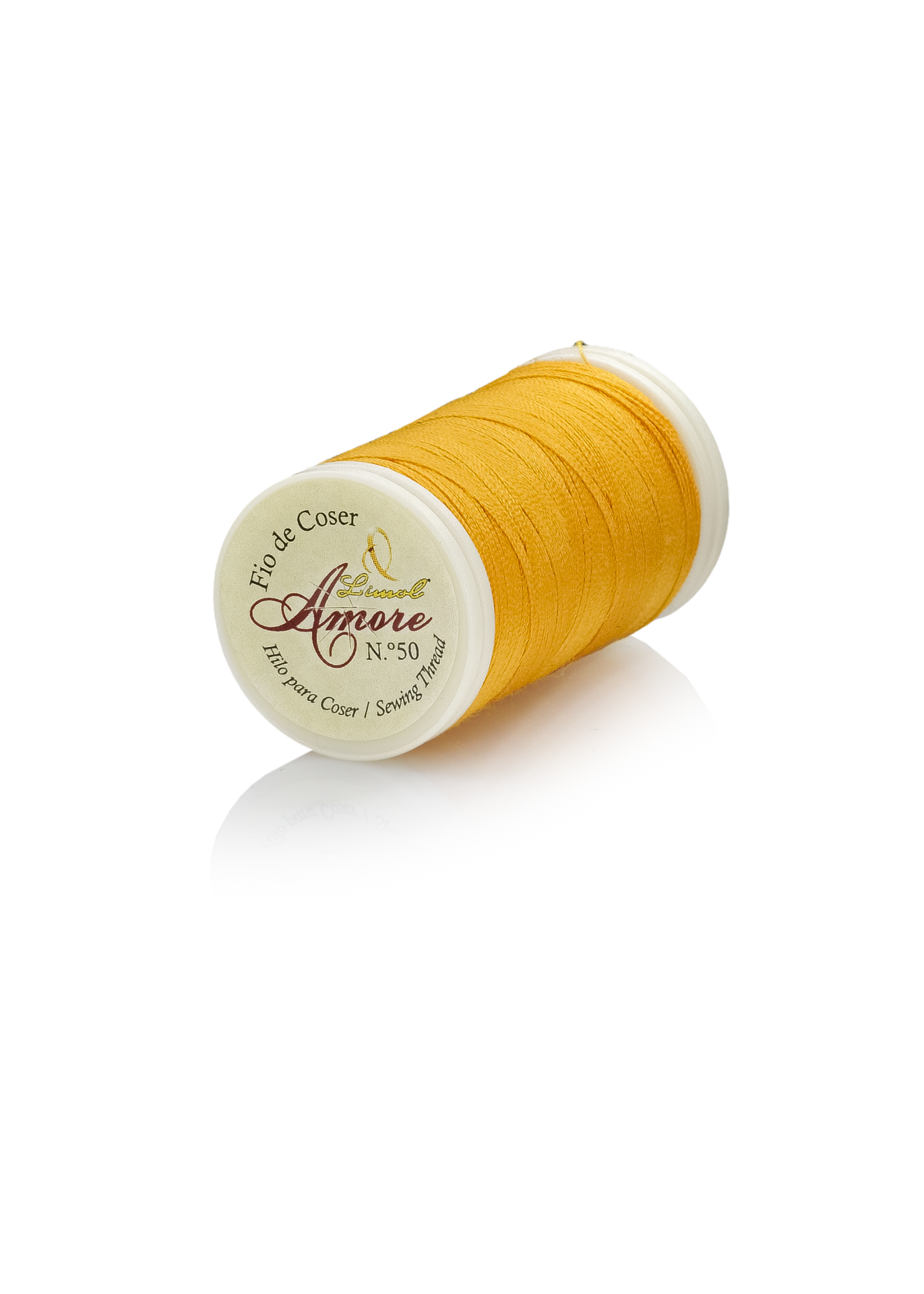 Cone de linha de costura amarelo dourado com etiqueta Amore