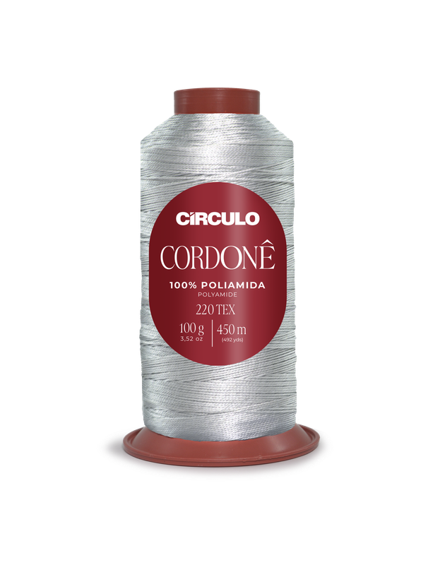 Cone de linha branca prateada Círculo Cordonê de poliamida com etiqueta vermelha