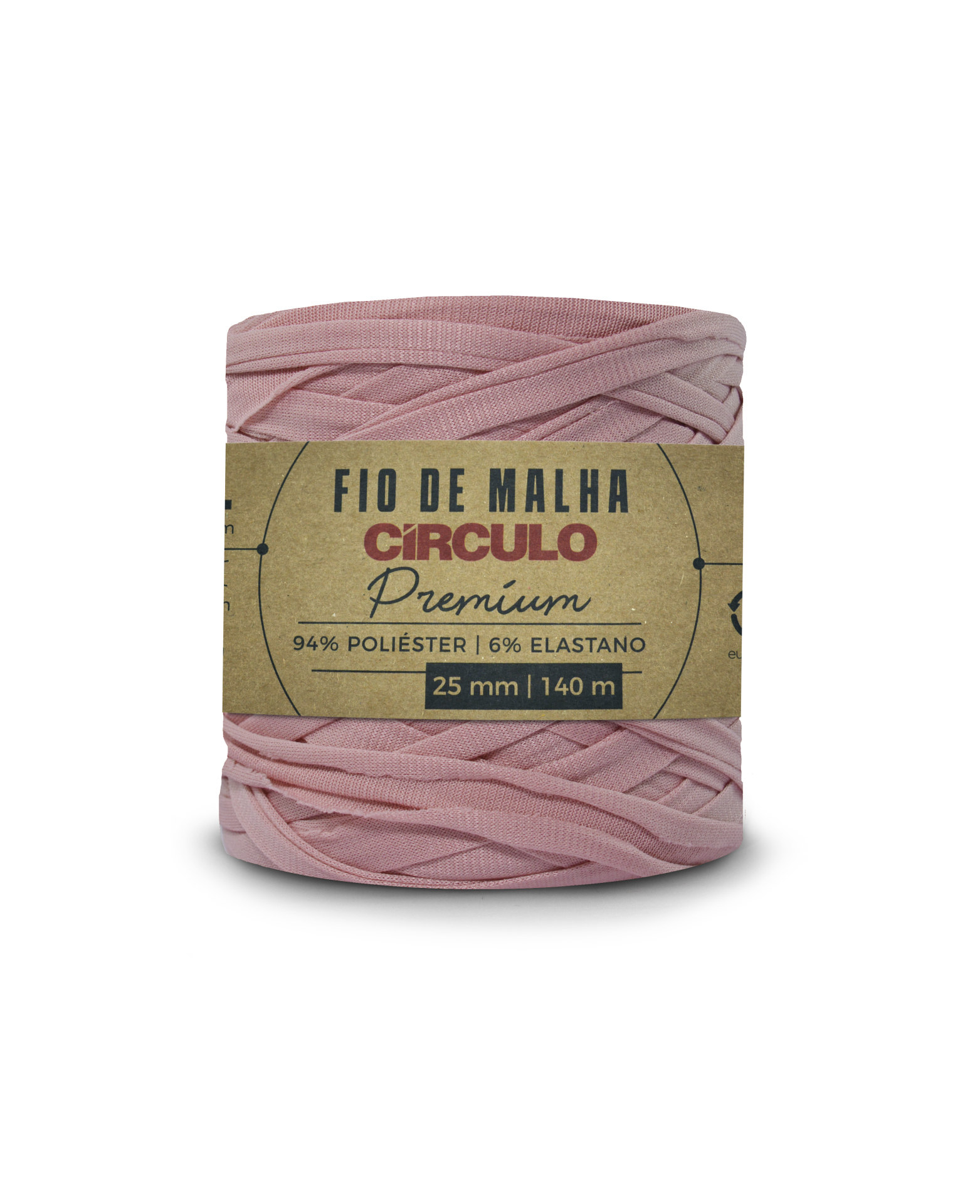 Rolo de fio de malha rosa claro com rótulo de papel castanho