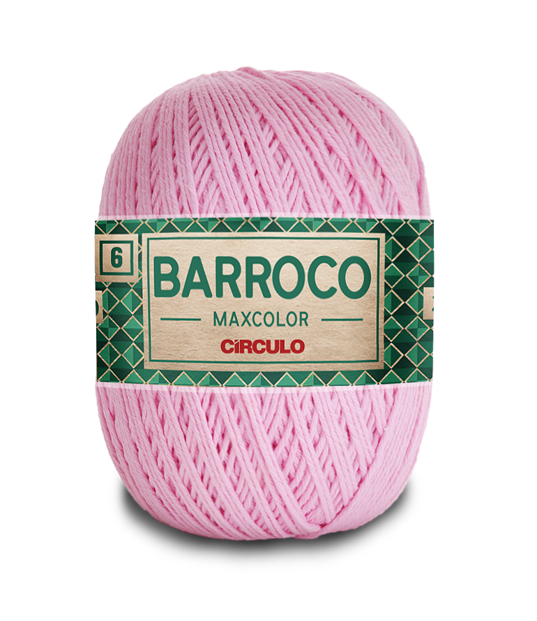 Novelo de linha rosa claro com etiqueta verde e bege da marca Círculo.