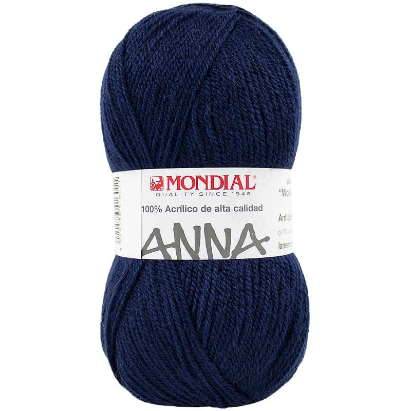 Novelo de lã acrílica azul escuro com etiqueta MONDIAL ANNA
