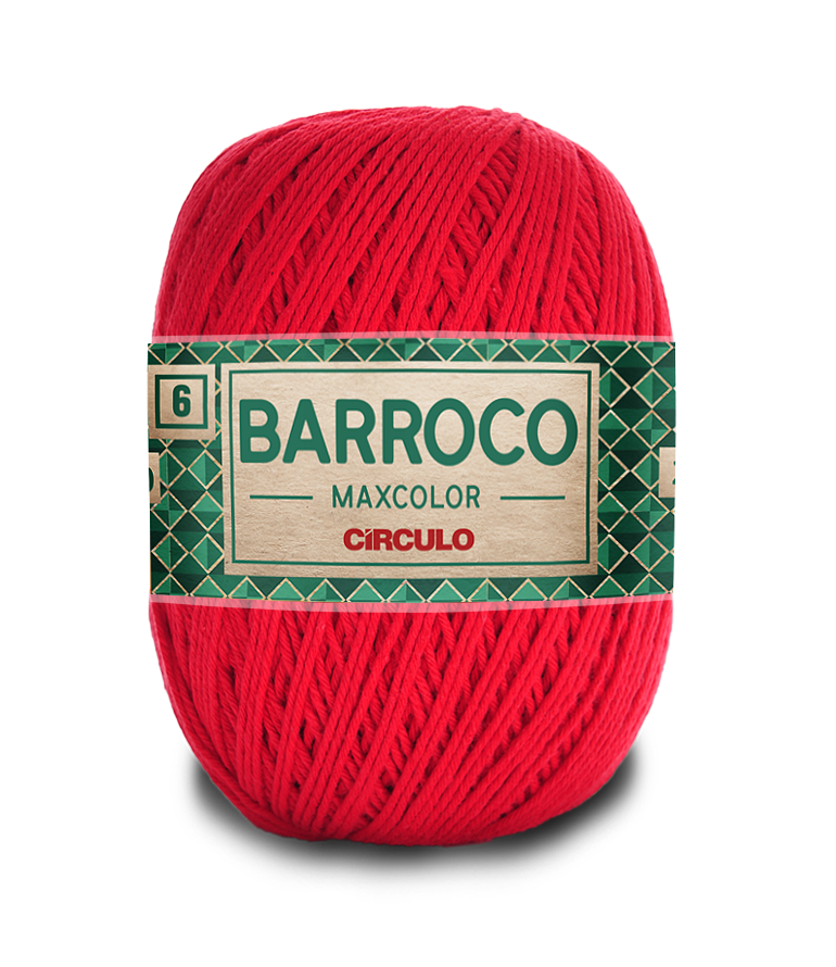 Novelo de fio vermelho com etiqueta verde da marca Círculo