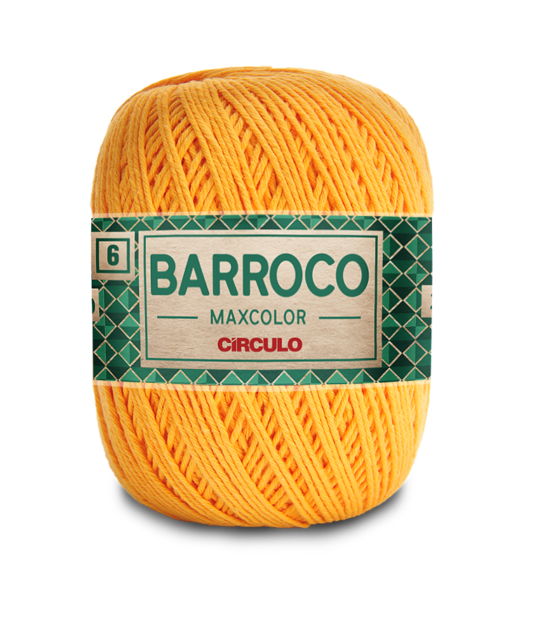 Novelo de fio têxtil amarelo com etiqueta verde 'BARROCO MAXCOLOR CÍRCULO'