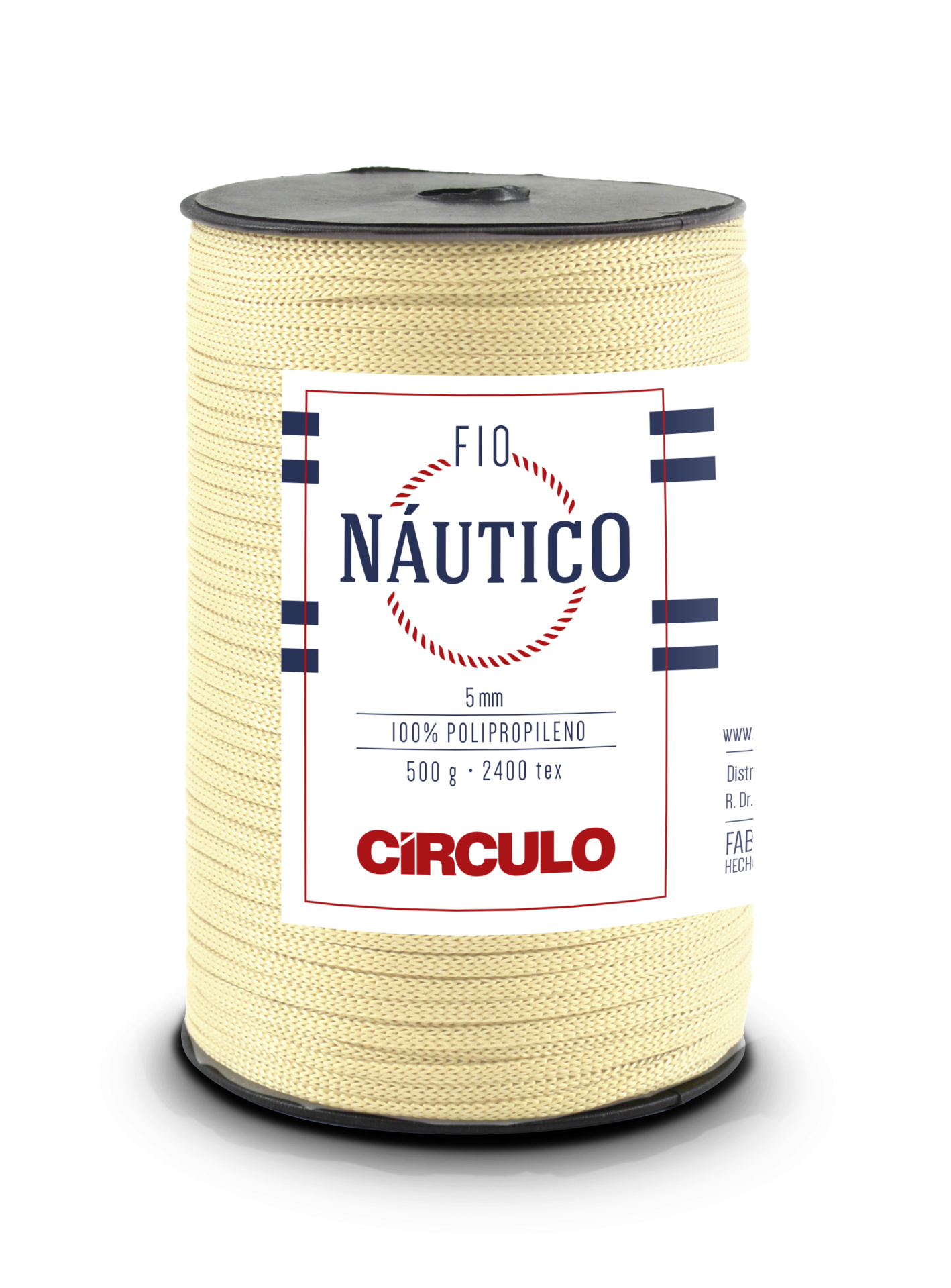 Carretel de fio náutico bege com etiqueta branca e detalhes em azul e vermelho