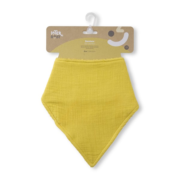 Babete triangular amarelo para bebé com embalagem de cartão castanho