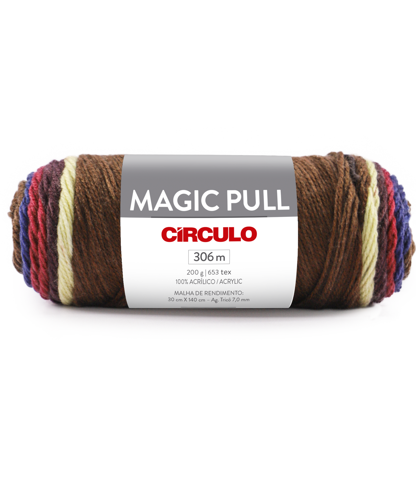 Rolo de fio acrílico multicolorido com etiqueta cinzenta e branca